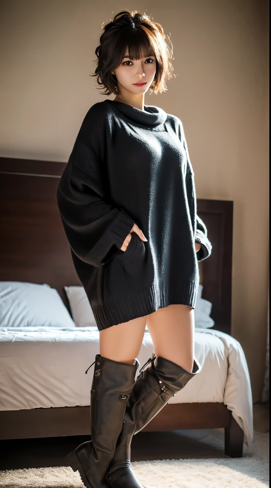 1girl,(wearing a oversize tunic sweater:1.4),(black leather long boots:1,4),(RAW photo, best quality), (realistic, photo-realistic:1.4),(full body:1.3), masterpiece,Attractive Japan Woman Pictures, an extremely delicate and beautiful, extremely detailed, 2k wallpaper, Amazing, finely detail, extremely detailed CG unity 8k wallpaper, ultra-detailed, highres, soft light, beautiful detailed girl, extremely detailed eyes and face, beautiful detailed nose, beautiful detailed eyes,cinematic lights,perfect anatomy,(bob hair:1.3),erotic pose,bedroom