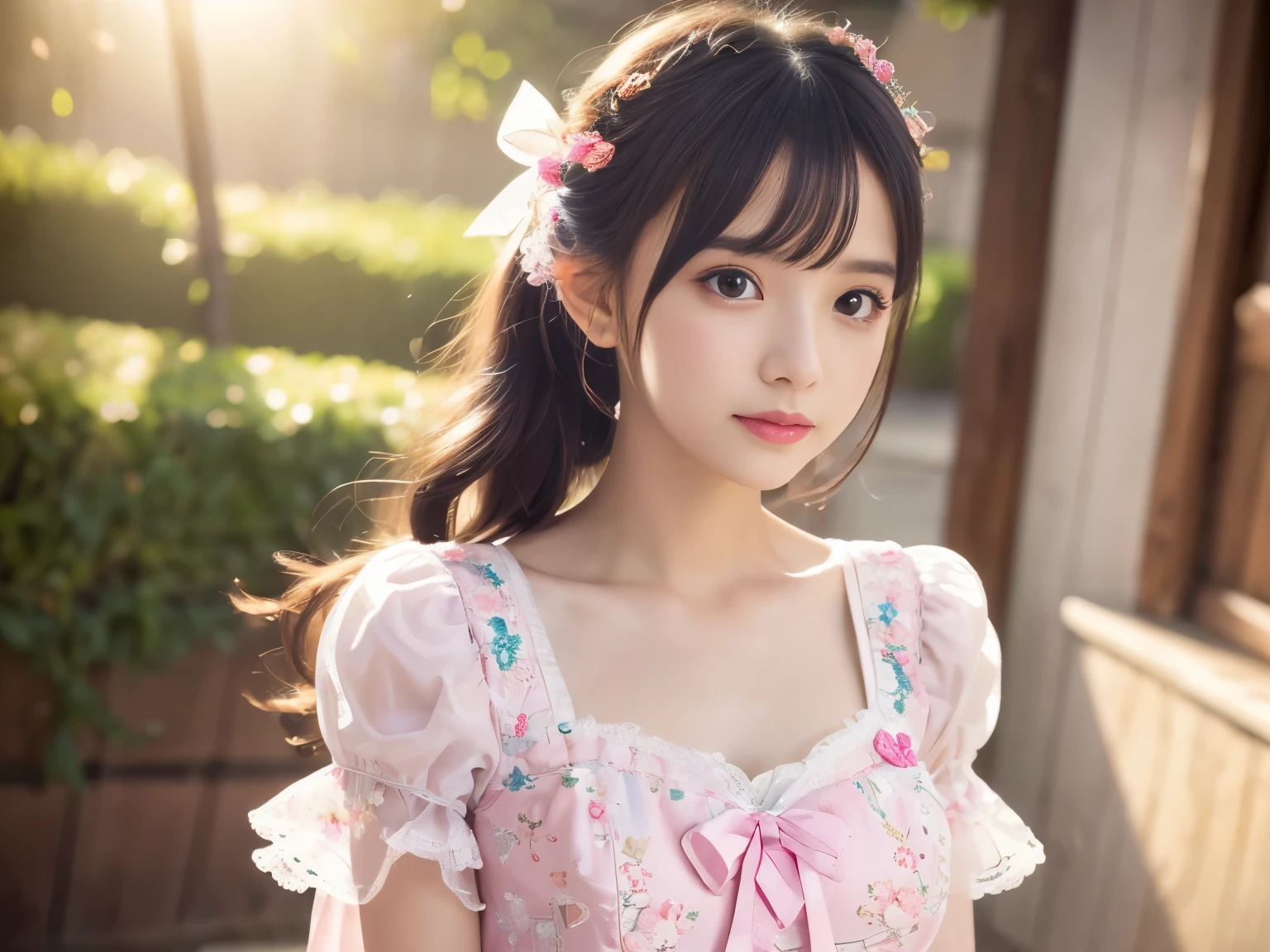Best Quality,Ultra-detailed,Realistic,(Vivid colors,Bokeh),Beautiful detailed eyes,Beautiful detailed lips,girl,ta dress,with floral pattern,frilld,embroidery,Soft pastel colors,Puffy sleeves,Lace trim,Pink ribbon,Tiered skirt,Light filter,lovely pose,playful expression,Studio Lighting,Portrait