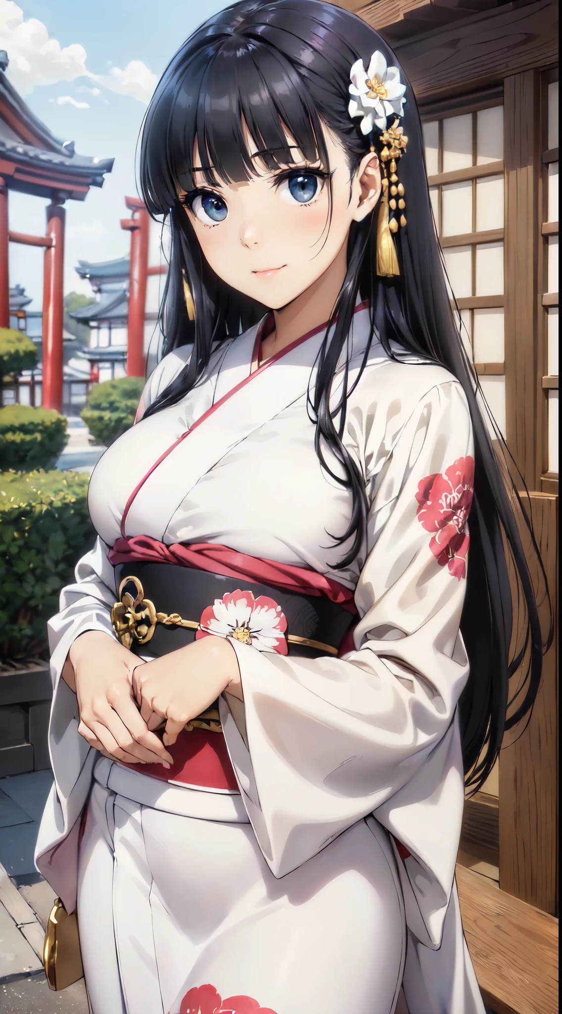 (​masterpiece:1.5),(very precise details,Ultra High Resolution:1.4),the Extremely Detailed CG Unity 8K Wallpapers,(Realistic,Photorealsitic,hyper realisitic:1.5),(Hair is medium straight:1.4),(anime eyes,shinny eyes:1.3),(Curve,Model,Farbe care:1.5),very beautiful face,Beautiful breasts,Farbe_aberration,beautiful detailed shadow,Beautiful eyes,Beautiful body,Beautiful skin,beautifull hands,(A white long-sleeved kimono with a luxurious and mysterious colorful floral pattern:1.5),(white and gold kimono obi:1.4),(new year shrines:1.4),plein air,shrines,(An attractive illustration of an 18-year-old young woman wearing neat Japanese clothes:1.4),(japanes:1.3),(white hair ornament:1.4),(Beautiful standing figure,standing straight,(A dark-haired,Black eye,Medium straight hair:1.4),(Tsuriformes:1.4),(Thin Eyes:1.4),Detailed long hair,with exquisite details, Highlight her curves、Leaves little to the imagination, cascading down her shoulders,(gently smiling:1.3),(A dark-haired:1.4),(Blunt bangs:1.4),(Seductive look:1.4),(Bangs are the same length:1.3),