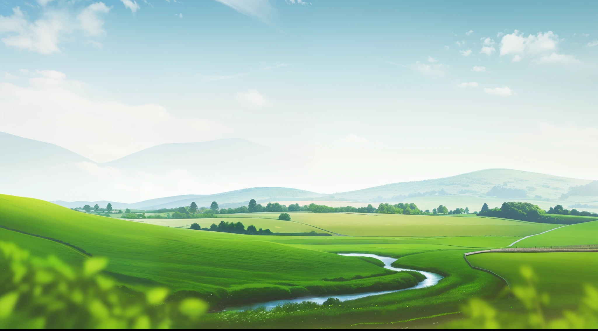 There is a photo of a green field，There is a stream flowing through it, landscape - scenery, Detailed scenery – width 672, landscape scenery, beautiful landscape rendering, zona rural, scenery wallpaper, Scenic spots, Nature views, Vast landscape, Rural landscape, 3D landscape, 3d landscape, landscape artwork, nature scenes, photorealistic landscapes, peaceful scenery