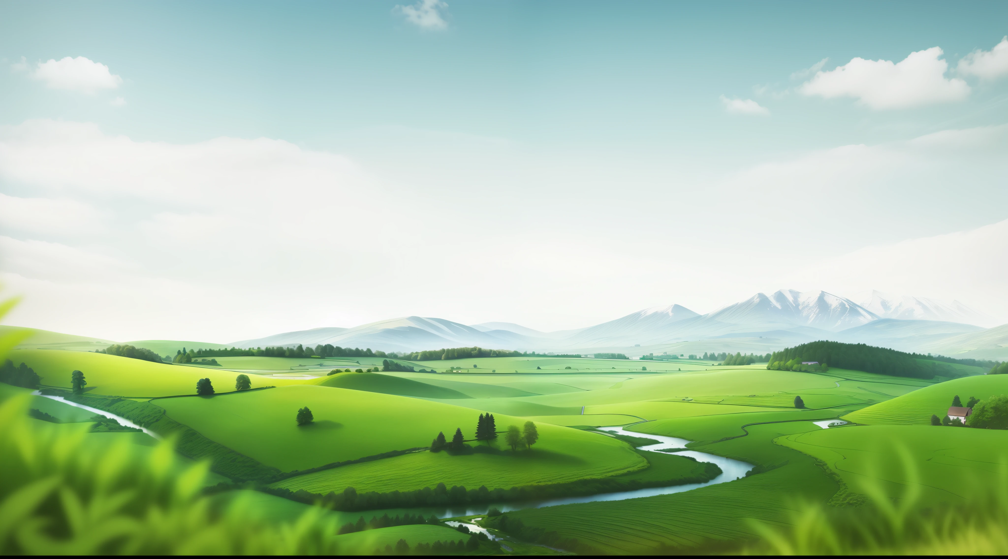 There is a photo of a green field,There is a stream flowing through it, landscape - scenery, Detailed view – width 672, landscape scenery, beautiful landscape rendering, zona rural, scenery wallpaper, Scenic spots, Nature views, Vast landscape, rural landscape, 3d landscape, 3d landscape, landscape artwork, Natural scenes, photorealistic landscapes, peaceful scenery