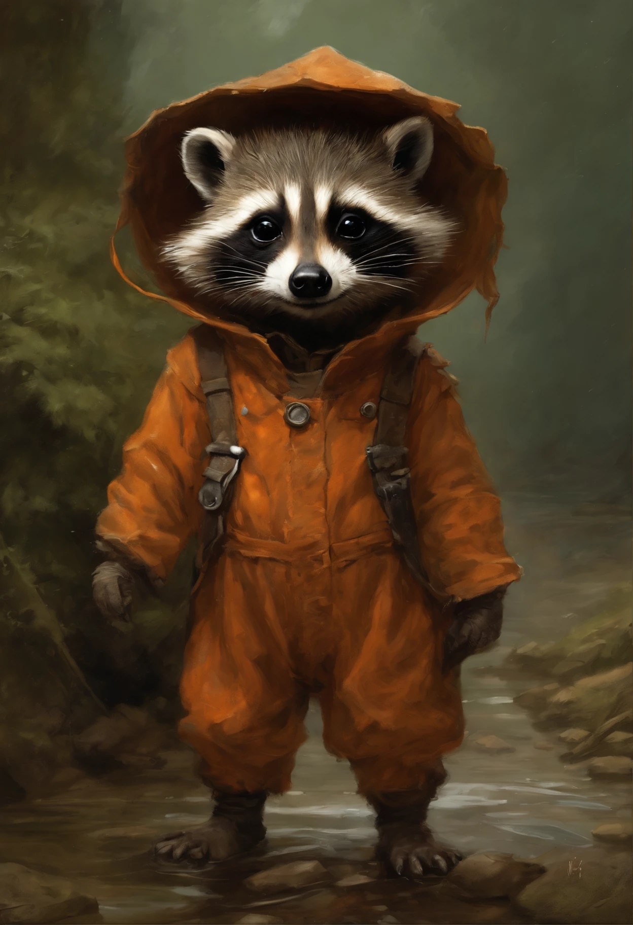 真实感, dark fantasy style, John Tolkien style, Small painting by Jean-Baptiste Monge, photo of baby raccoon in orange overalls and overalls, stuck his nose out of the hole, puddles after recent rain, adorable digital painting, rob rey, Anthropomorphic baby raccoon, based on Jean-Leon Gerome, inspired by Johannes Helgeson, portrait of a gnome called eldon, Jean Baptiste monge, jean - baptiste monge, Brian Despin Jean-Baptiste Monge, anthropomorphic --ar 2:3 --testp -optimistic;