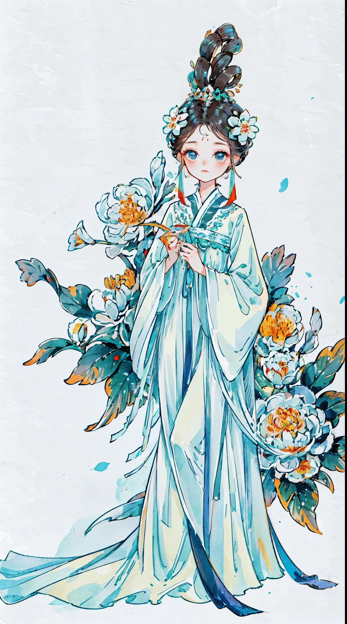 1 Sister, Alone, looking at viewert, face flushed, Background with, black hair color hair, hair adornments, longer sleeves, white backgrounid, Eternal, Full body lesbian, flowers blooming, hairflower, hair-bun, butterflys, tmasterpiece, recent quality, The finest details, Clear facial features, beautidful eyes