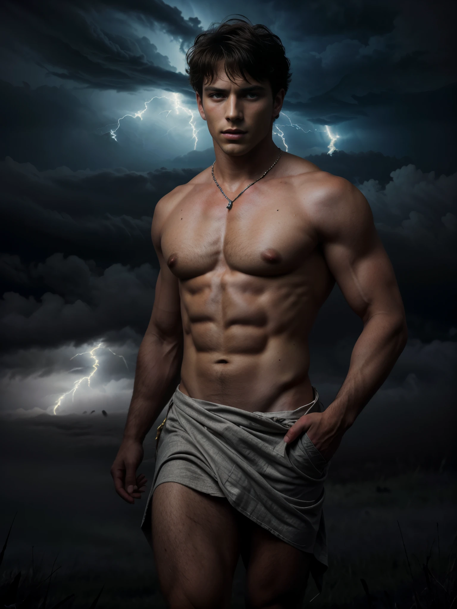 ((masterpiece)),((best quality)),8k, high detailed, ultra-detailed, Stylish Pose, real skin texture, dark cinematic lighting, 18-year-old Italian male model, (handsome italian:1.8), cute looking, divine look, powerful light blue eyes, Zeus god, god of thunder, Jupiter, godly, , bending electricity, displaying the ability to manipulate lightning, creating massive lightning, white pale skin, roman god physic, intense blue eyes, dry hair dry short brown messy hair, strong jawline, masculine, muscular, defined fit body, hairless chest, shirtless, pantless, open sea, sinister aesthetic, black storm clouds, (lightning:1.6) clouds, (thunder:1.5), walking towards the camera (in the middlea thick fog:1.6), (night dark storm:1.45), barelegged, barefoot, antique linen spartan loincloth , white linen antique draped cloth skirt, chain belt,,,, dim light, dark atmosphere, cinematic lighting, Depth of field, award-winning photography, elegant, hyperrealistic, octane render, unreal, high definition, 8k resolution, highly detailed, 8k uhd, professional lighting, photon mapping, radiosity, physically-based rendering