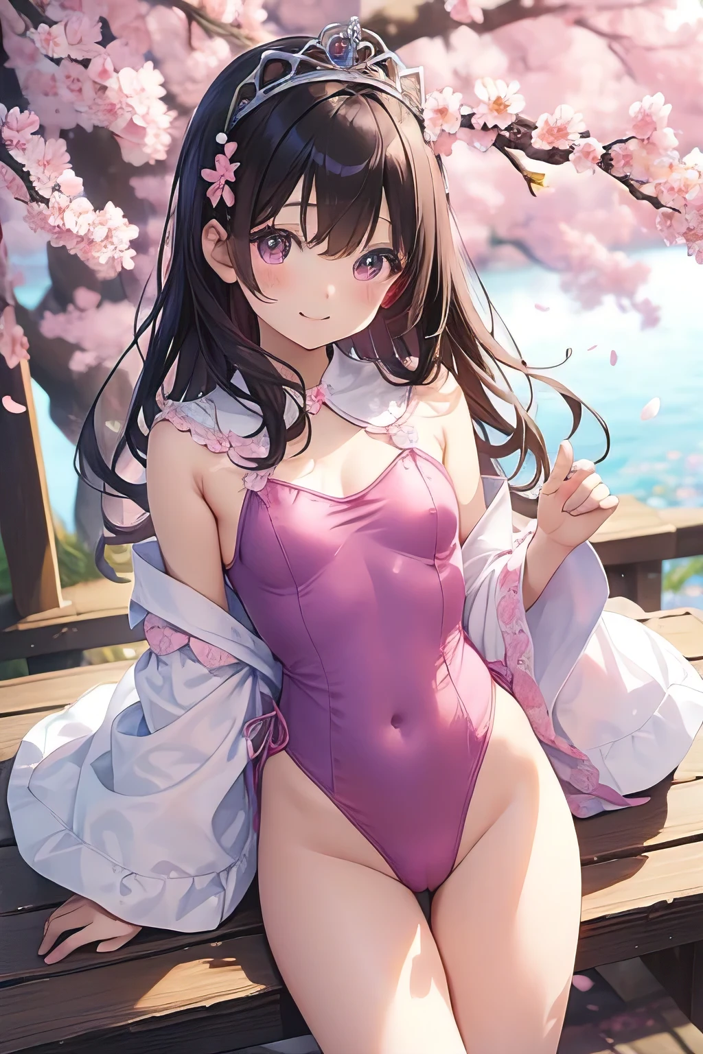 top-quality、extremely delicate and beautiful、Soio、Soio、8--old l、japanes、Lori、Chiquita、noble、elementary stu、((Pink leotard))、(highleg)、Tiara on the head、A smile、is standing、Facing the front、background is cherryblossoms