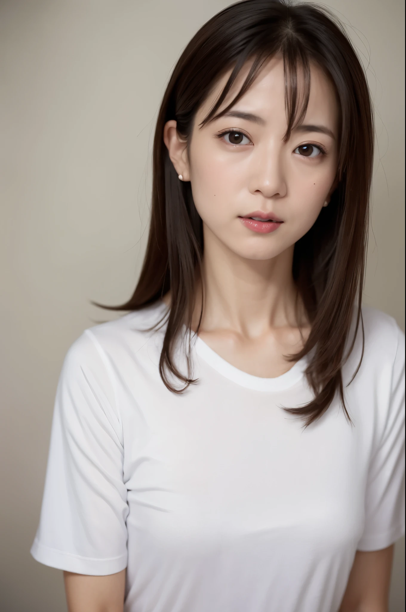 (High reality photograph, high resolusion, detailed face, detailed eyes) Skinny Japanese lady, 40 years old, cute face, solo:1, lovely body, skinny figure, small breasts, thin chests, emphasizing very skinny waist, a white T-shirt, full-body photo
