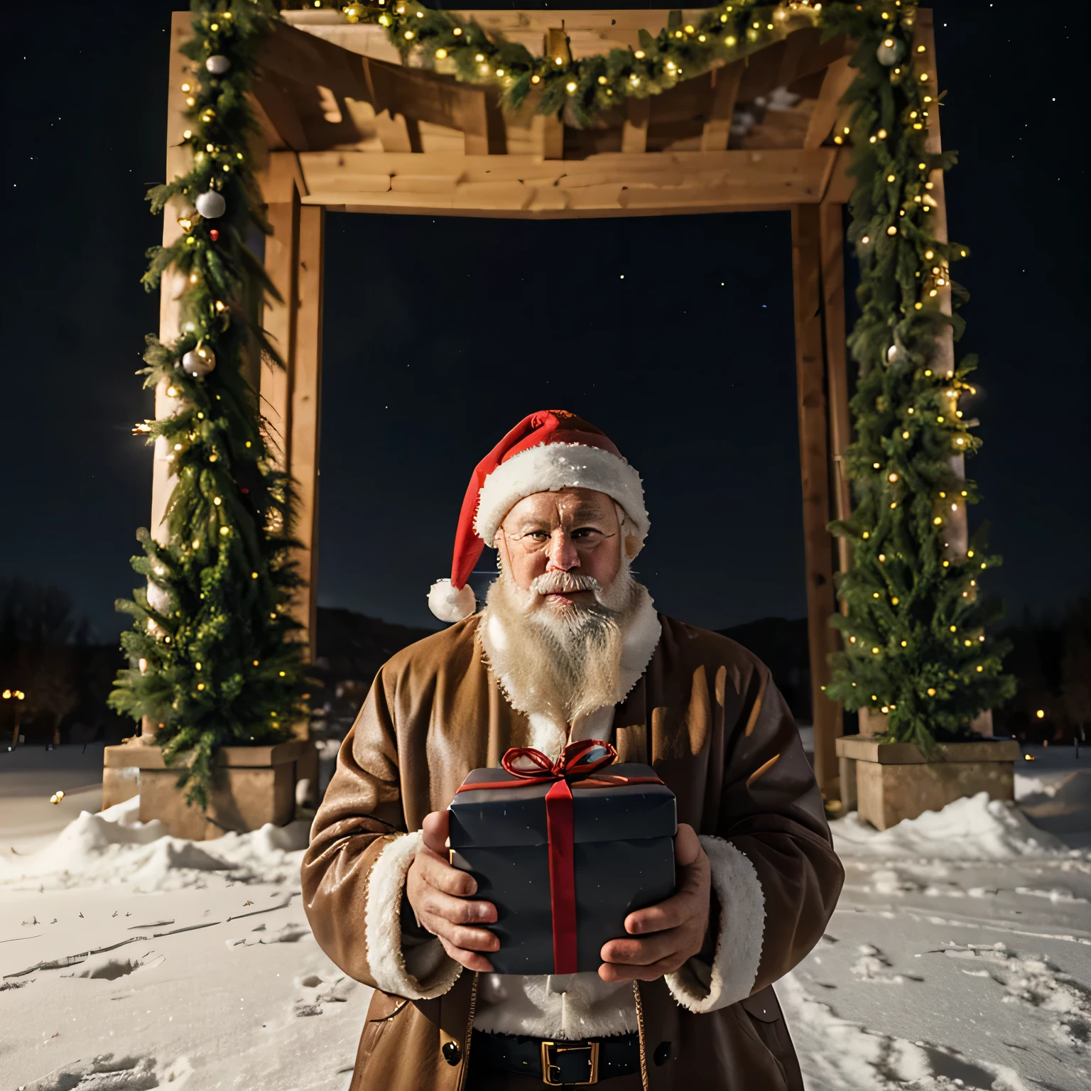 3Drenderingof, escena de nochebuena, There is a big Christmas tree in the middle of the poster., Decorado con luces de colores., cortina de estrellas en el cielo, y caja de regalo en la nieve. A cute and friendly Santa Claus with gifts., warm yellow background and bright night