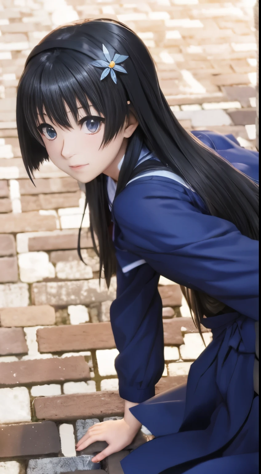 anime girl in a blue dress crouching down on a brick floor, close up iwakura lain, iwakura lain, close up of iwakura lain, anime visual of a cute girl, hinata hyuga, close up of lain iwakura, anime moe artstyle, nagatoro, shuushuu anime image, in style of kyoto animation,Saten Ruiko