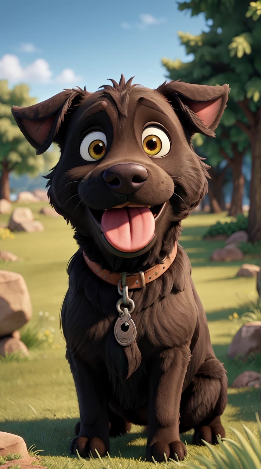 Black labrador, tongue out of his mouth, fluffy fur, brown eyes, happy, joyful, green grass, natural sunlight, pixar style, 8k, HD, super detailed, detailed eyes, detailed fur