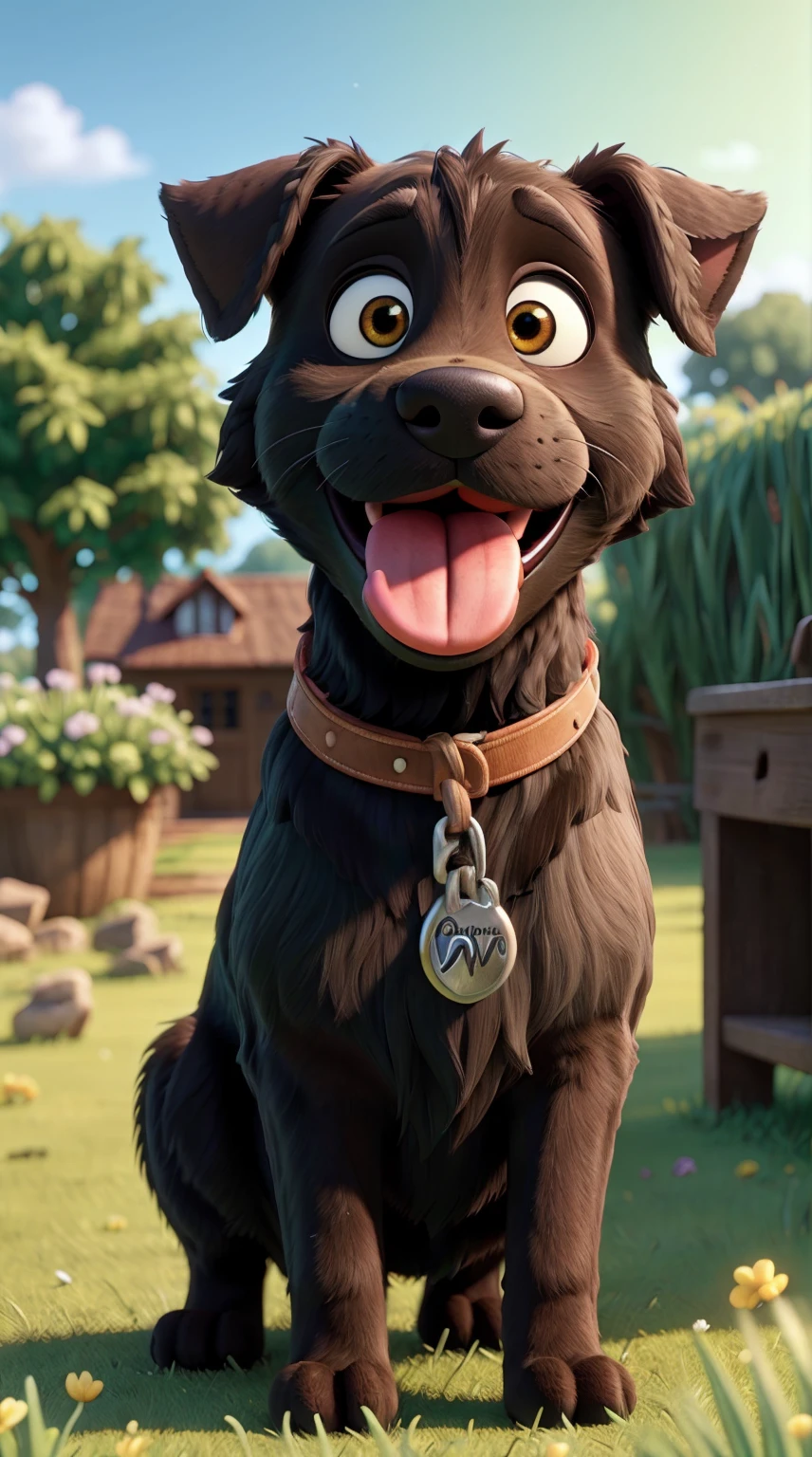 Black labrador, tongue out of his mouth, fluffy fur, brown eyes, happy, joyful, green grass, natural sunlight, pixar style, 8k, HD, super detailed, detailed eyes, detailed fur
