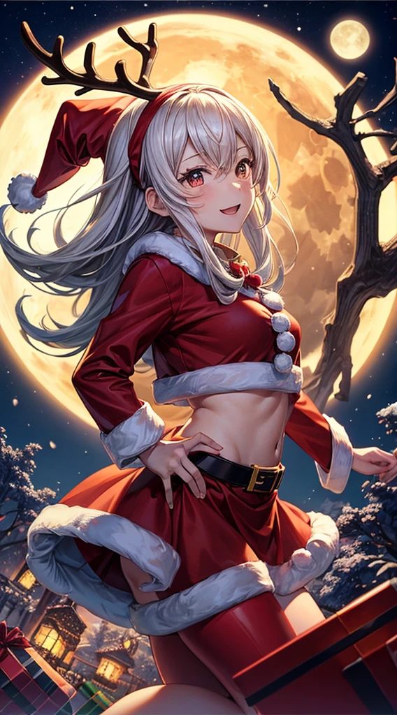 quadratic element、1 person, santa costume、skirt by the、、girl with、Navel Ejection、snowy、natta、full body Esbian、to stand、long boots、Viewer-facing、kawaii faces, (Colossal tits:0.5)、shinny skin、long silver hair、Santa Costumes、Navel Ejection、kawaii、kne