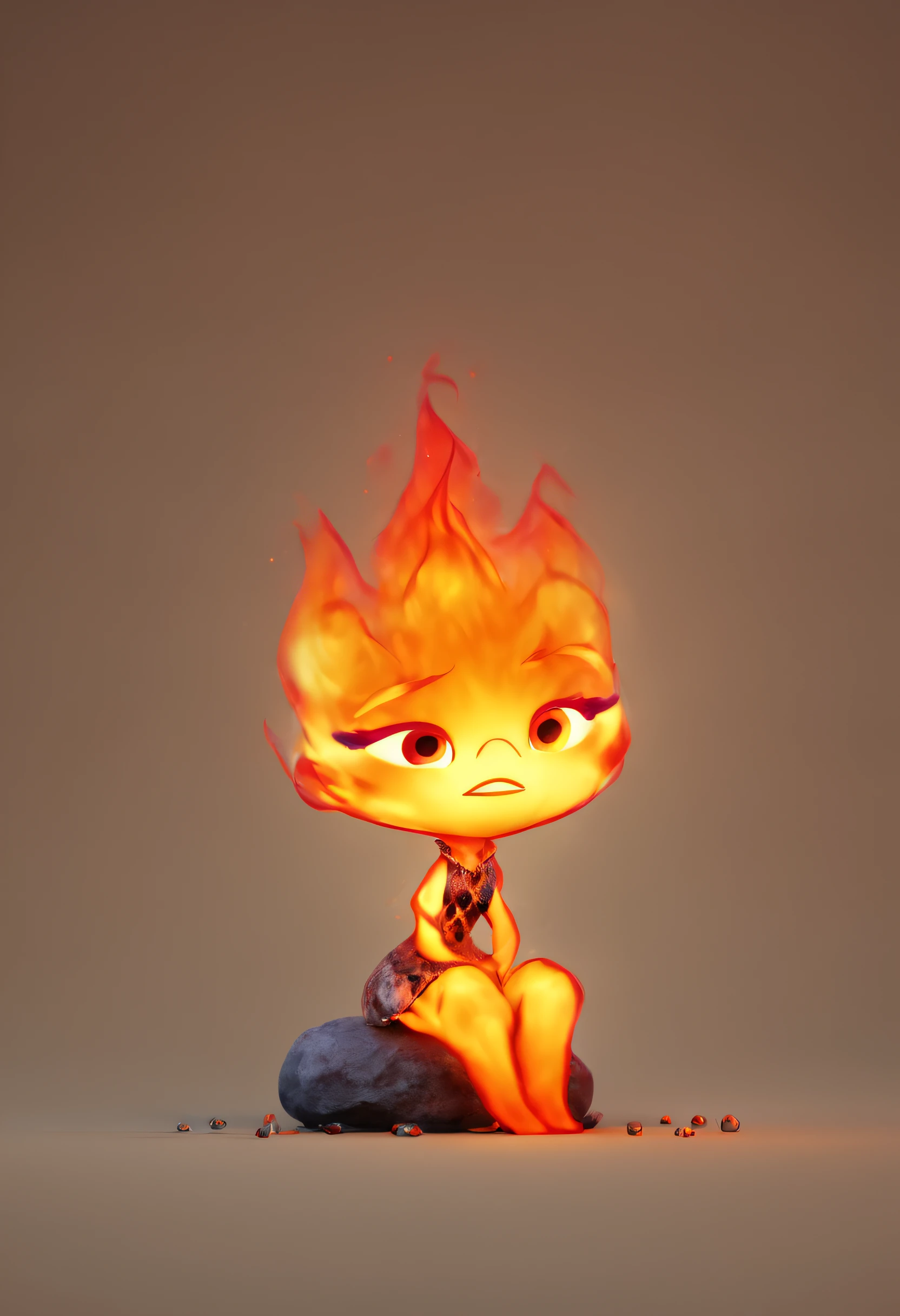 concept art ember lumen, cute chibi body, small ember sitting on floor,ember sitting on her ass, sitting with straight legs, crying, sad face, (sadness), (fire head ember), view from the side, three quarters view, highly detailed 3d render, perfect vfx, art created entirely with gradientsvivid fire artstyle, black background