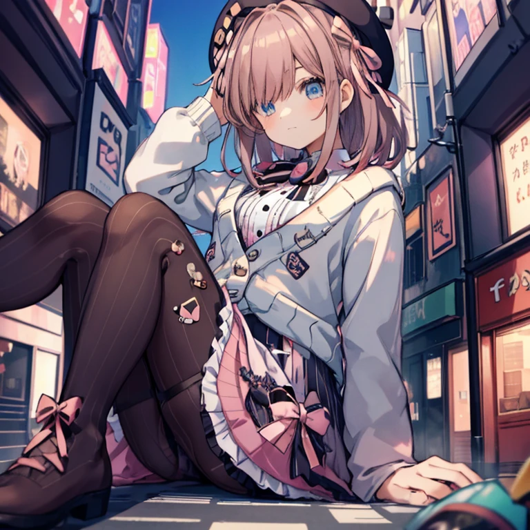 lulu suzuhara, blue eyes, brown hair, hair ornament, hair over one eye, hair ribbon,
hat, beret, boots, bow, bowtie, brooch, buttons, cardigan, frills, jewelry, pantyhose, ribbon, skirt, striped, striped pantyhose, striped skirt, vertical stripes, vertical-striped pantyhose, virtual youtuber, (pink cardigan:1.5),gts, gigagts, planetarygts, looming, sitting on building, contrappost,(((fisheye lens ,)))