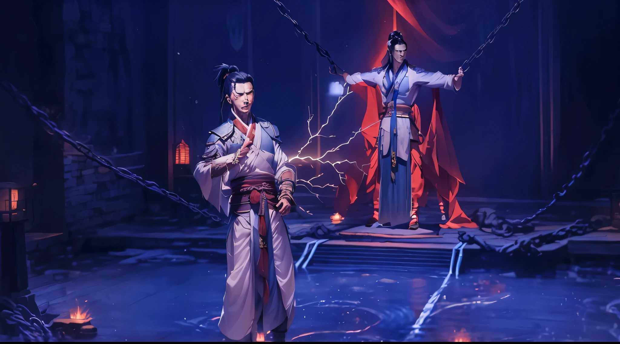 A man stands alone in a dark room，There is a chain hanging around his neck, yiqiang and shurakrgt, heise jinyao, xianxia hero, full-body wuxia, xianxia fantasy, inspired by Lü Ji, full body xianxia, bian lian, Inspired by Zhibai, Inspired by Zhang Sengyao