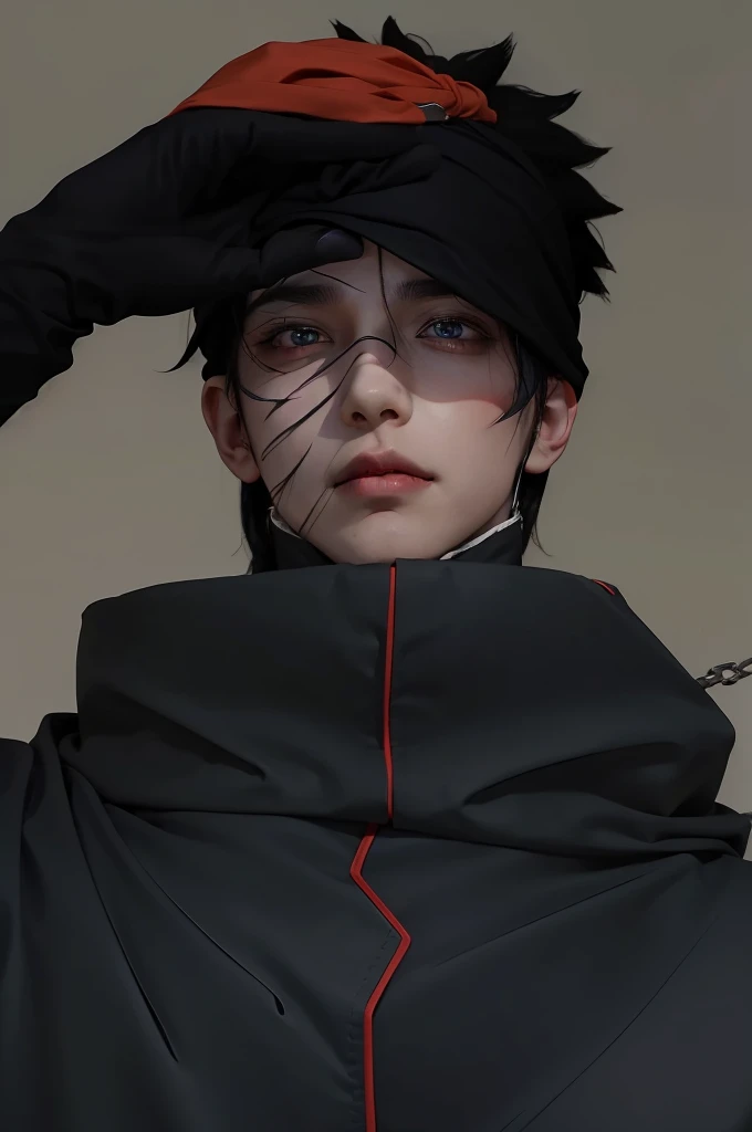 young man, pale skin, black spiky hair, black eyes, big lips, purple cape, realism, 3d, right eye scar, black gloves, obito uchiha, 3d