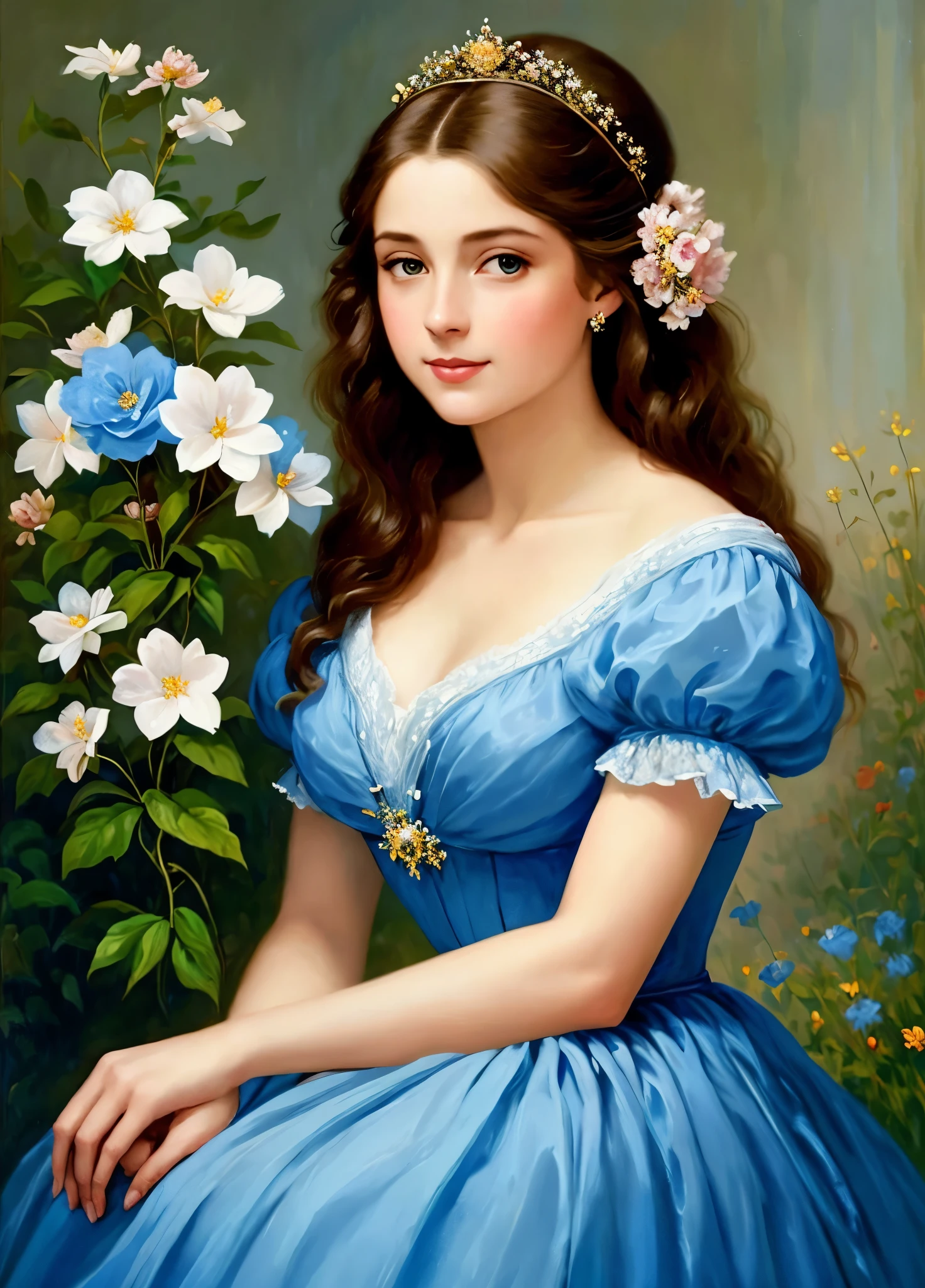 a painting: woman in a blue dress holding flowers., Beautiful Maiden, beautiful character painting, painting of beautiful, beautiful fantasy maiden, beautiful gorgeous digital art, elegant digital painting, beautiful painting, The Art of Édouard Bisson, beautiful fantasy art portrait, Portrait painting of a princess, Beautiful oil painting, Beautiful retro art, beautiful portrait oil painting, beautiful digital painting