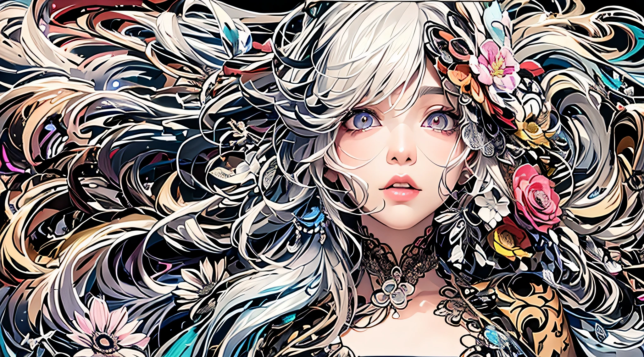 8K, quality:1.2, (tmasterpiece), beautiful  detailed face:1.3,(Gradient eyes),((High color saturation)), Very rich facial details, detailed lips, Beautiful and beautiful, Chaotxused most beautiful form ), Colossal tits: 1.2, (sexy dress), sliver long hair, Multi-colored and messy hair, Flutter, Crystal hair, Multicolored eyes, Gradient eyes, Elegant, Stylish pose, Fauvistdesign, vibrant with colors, 𝓡𝓸𝓶𝓪𝓷𝓽𝓲𝓬, Michael Mraz, Adrian Ghenny, petra cortright, Atmospheric, A note of ecstasy, Streaming notes are visible, vibrant with colors, Pastel color background,