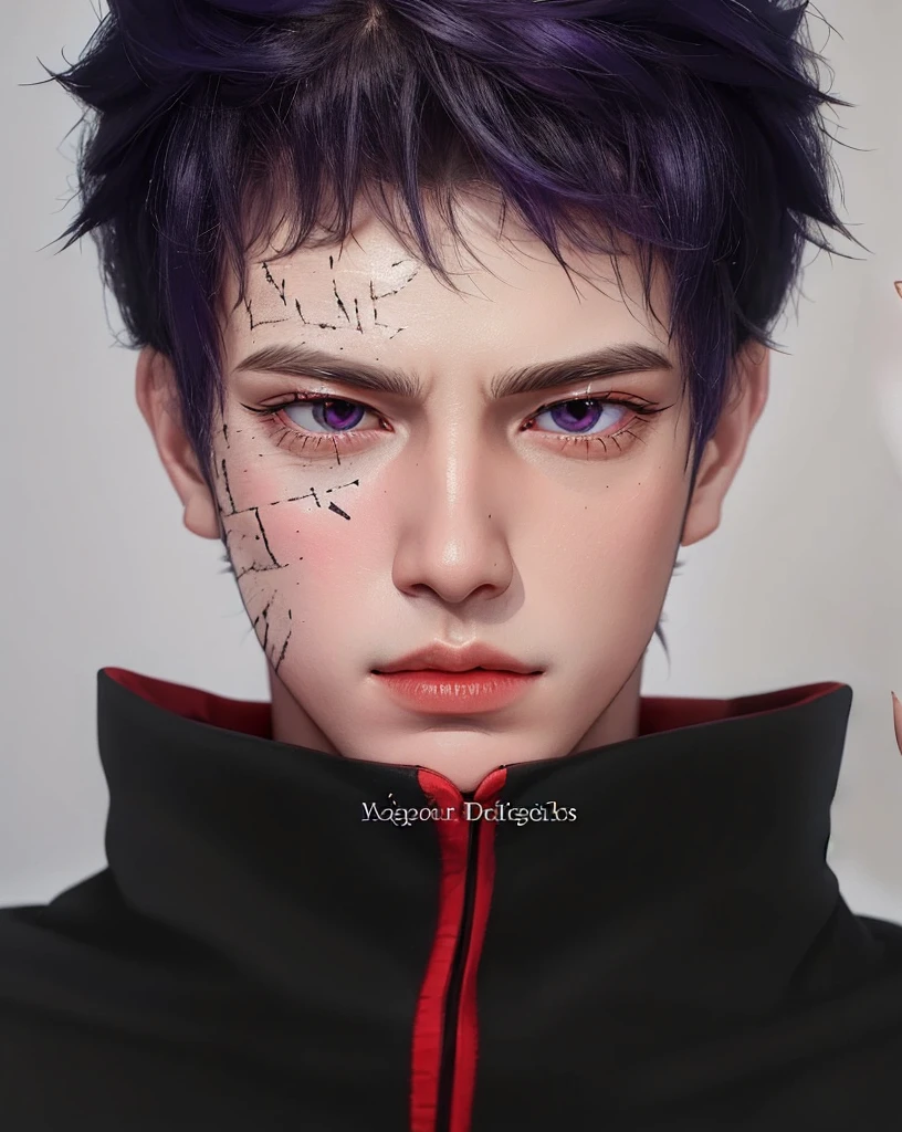 young man, pale skin, black spiky hair, black eyes, big lips, purple cape, realism, 3d, right eye scar, black gloves, obito uchiha, 3d