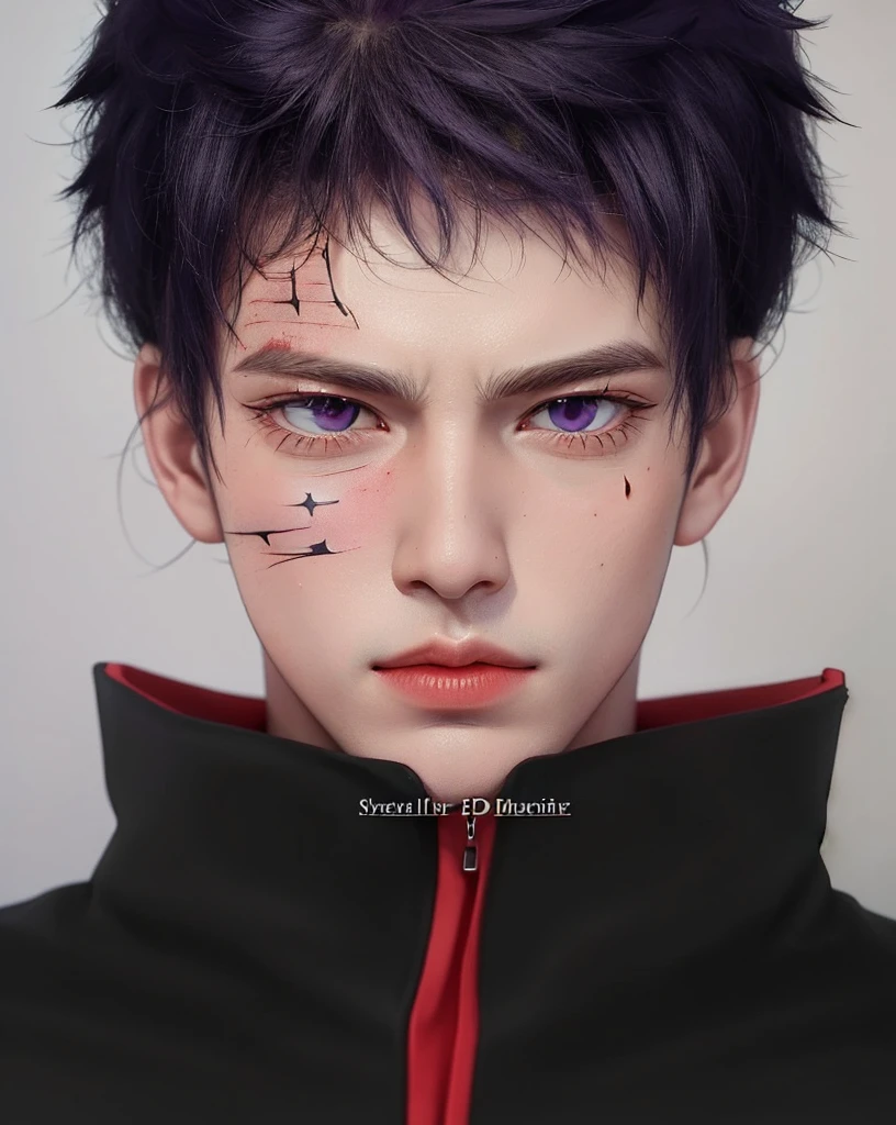 young man, pale skin, black spiky hair, black eyes, big lips, purple cape, realism, 3d, right eye scar, black gloves, obito uchiha, 3d