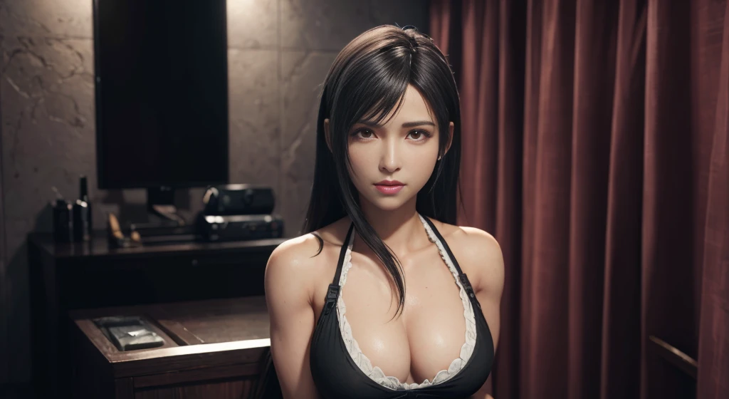 (best quality,ultra-detalhado),(Realistic:1.37),Tifa Lockhart, Rosto bonito e detalhado, maquiagem preta nos olhos, textura ultra realista, rosto delicado, expression serious