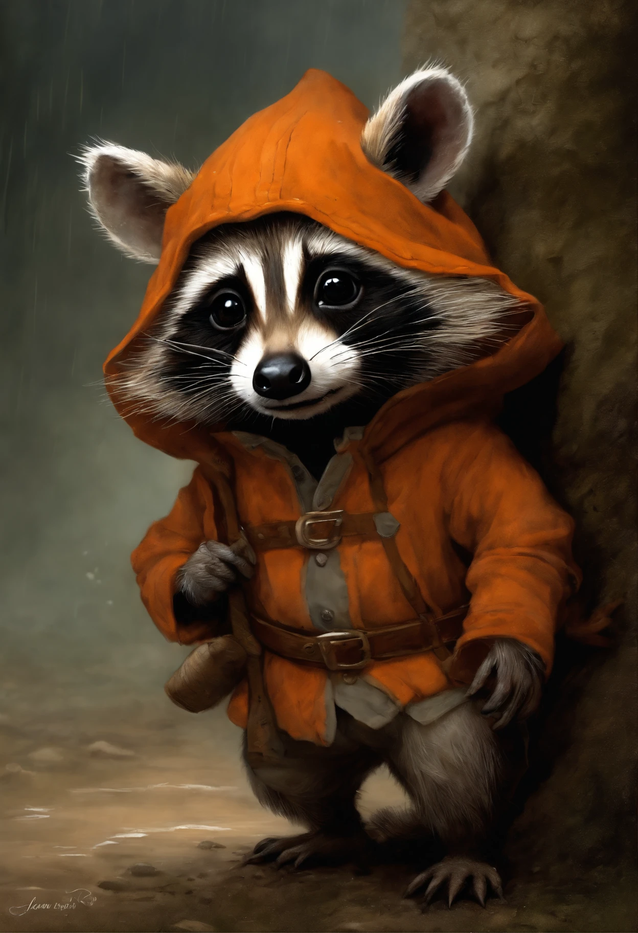 真实感, dark fantasy style, John Tolkien style, Small painting by Jean-Baptiste Monge, photo of a little baby raccoon wearing an orange jumpsuit and overalls, stuck his nose out of the hole, puddles after recent rain, adorable digital painting, rob rey, Anthropomorphic baby raccoon, based on Jean-Leon Gerome, inspired by Johannes Helgeson, portrait of a gnome called eldon, Jean Baptiste monge, jean - baptiste monge, Brian Despin Jean-Baptiste Monge, anthropomorphic --ar 2:3 --testp -optimistic;