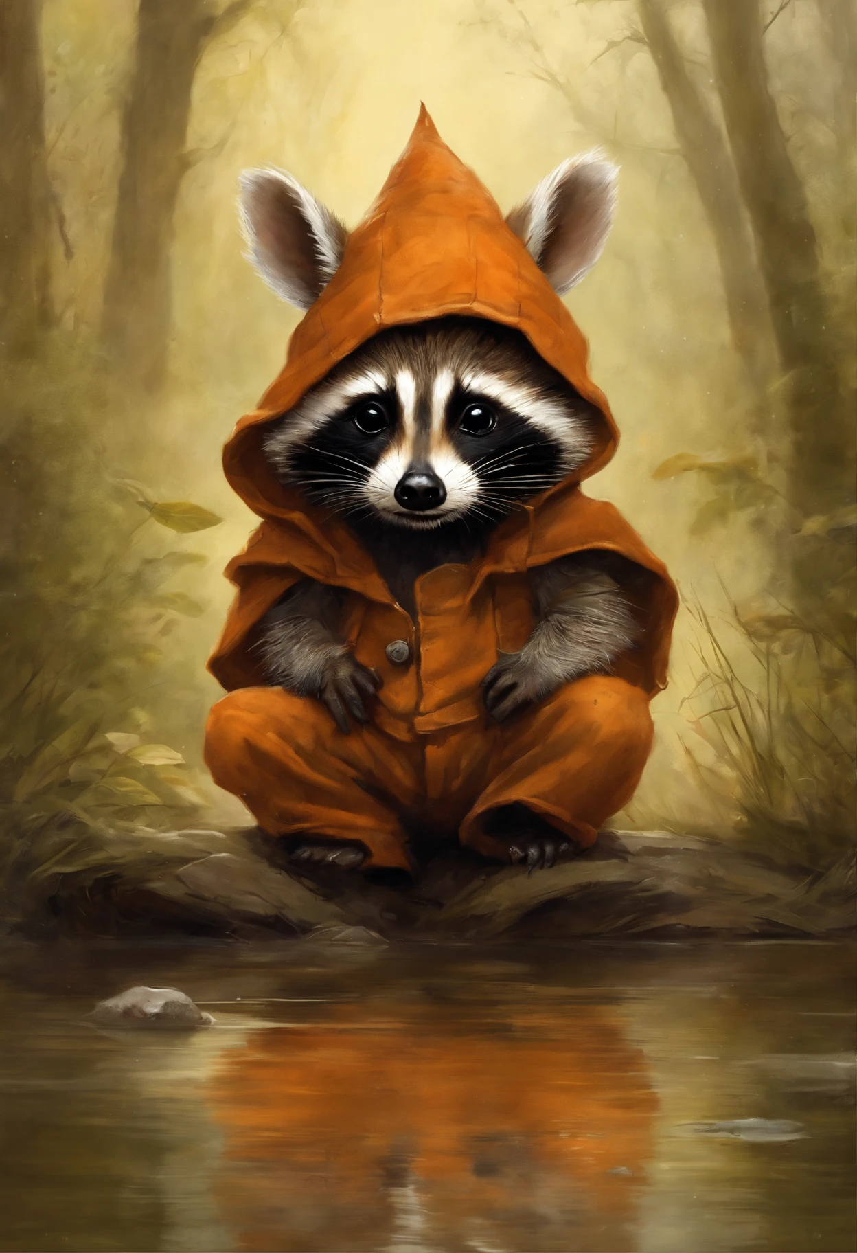 真实感, dark fantasy style, John Tolkien style, Small painting by Jean-Baptiste Monge, photo of a raccoon wearing an orange jumpsuit and overalls, stuck his nose out of the hole, puddles after recent rain, adorable digital painting, rob rey, Anthropomorphic baby raccoon, based on Jean-Leon Gerome, inspired by Johannes Helgeson, portrait of a gnome called eldon, Jean Baptiste monge, jean - baptiste monge, Brian Despin Jean-Baptiste Monge, anthropomorphic --ar 2:3 --testp -optimistic;