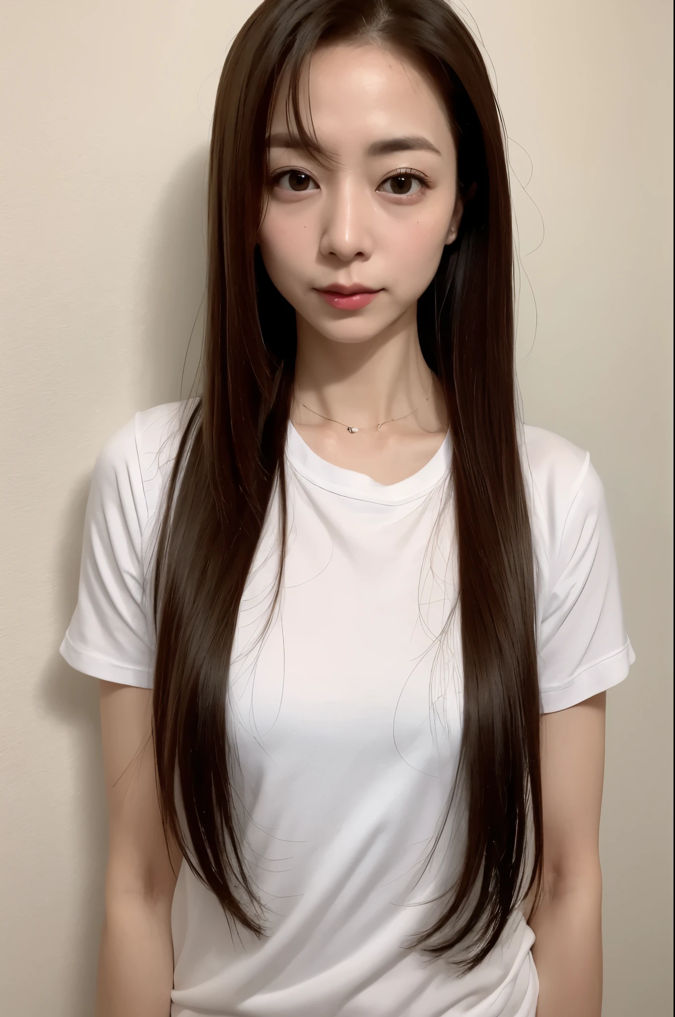(High reality photograph, high resolusion, detailed face, detailed eyes) Skinny Japanese lady, 40 years old, various face expression, various hair style, skinny figure, very small breasts, very thin waist, on a bed, White T-Shirt, full-body photo