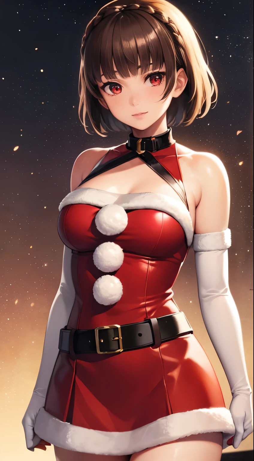 1girl, solo, masterpiece, best quality, high res, highly detailed, (illustration), beautiful detailed eyes, makoto nijima, blunt bangs, braid, brown hair, crown braid, (red eyes:1.3), short hair, ,glossy lips, light makeup, light smile, long white satin elbow gloves ,cowboy shot, (santa), red santa dress