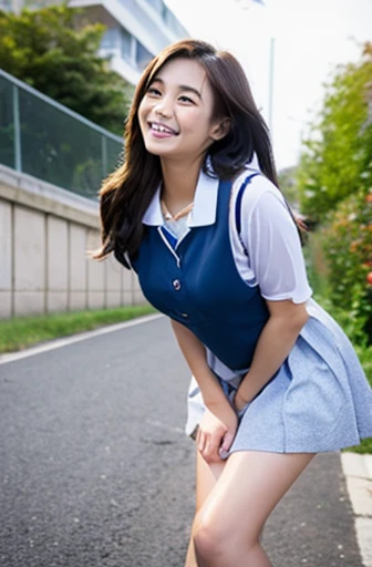 Pure Japanese school girl, outstanding body, beautiful legs, wearing uniform, panty, natural hairstyles, sweet smile, sitting, refreshing in early summer, composition from the front, 