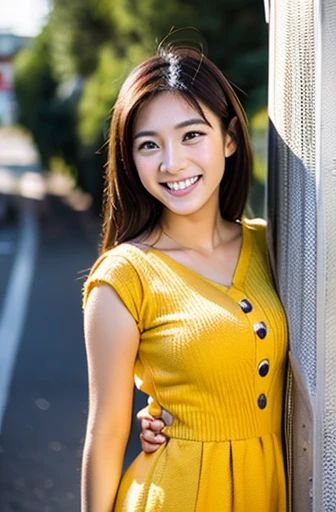 Asian、prety woman、a miniskirt、standing smiling、Angle from below、High school students、