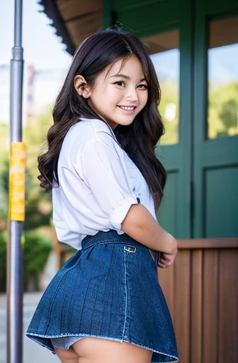 Asian、prety woman、a miniskirt、standing smiling、Angle from below、High school students、