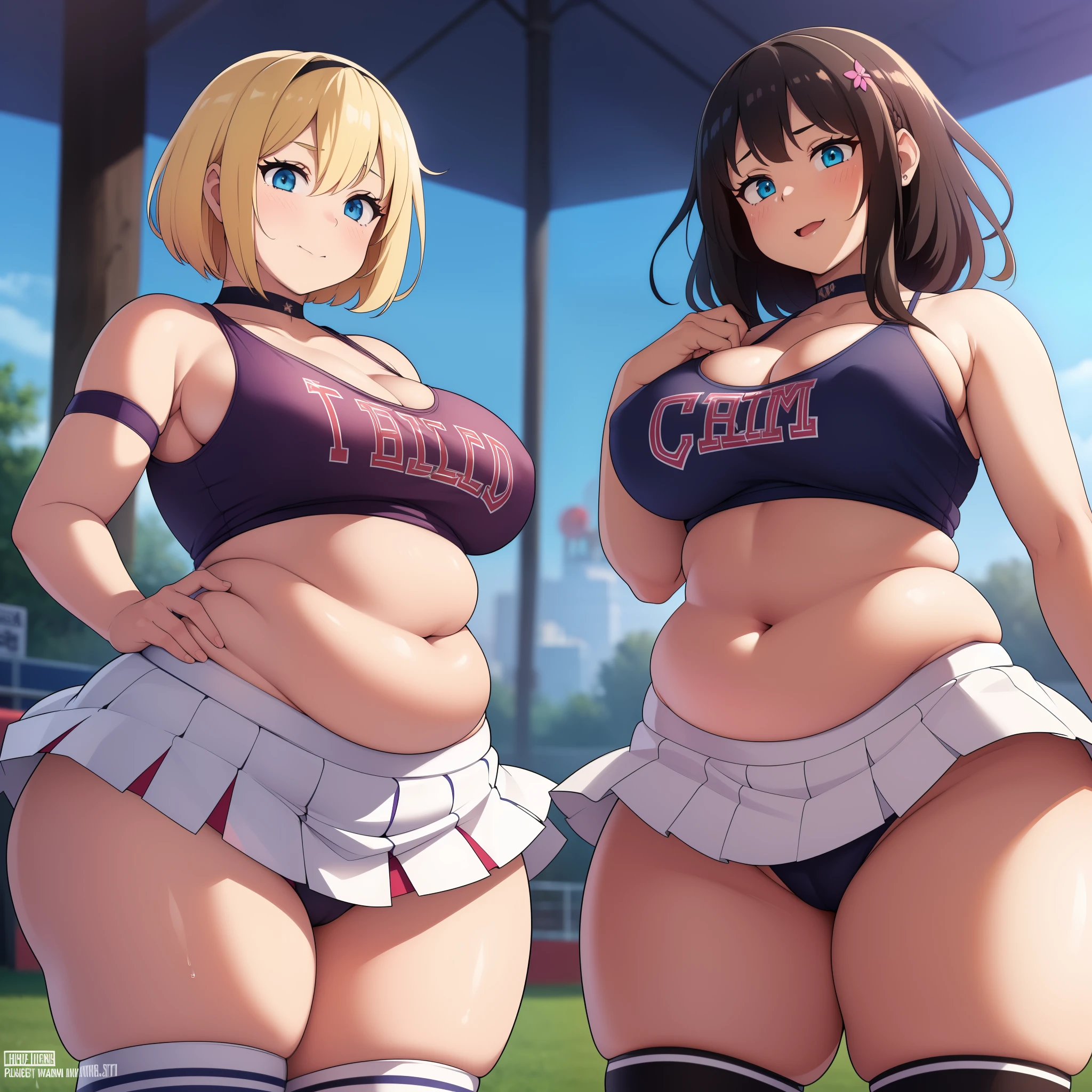 ((Masterpiece)), perfect anatomy, perfect shading, field of depth, (best quality), extremely delicate and beautiful, perfect lighting, detailed face, ultra cute face, cute, (cowboy shot 1.2), full body, (((2girls))), ((2 girls 1 and 2))
Girl 1: has long hair, fluffy hair, blonde hair, blue eyelush)), embarrassed, extremely tight clothes, medium breasts, cleavage, perky breasts, ((wide hips)), (thick thighs), ((chubby)), pudgy belly, fat rolls, belly hang,
Girl 2: has short hair, fluffy hair, brown hair, green eyelush)), seductive smile, chocker, extremely tight clothes, medium breasts, cleavage, perky breasts, (((wide hips))), ((thick thighig butt)), ((plump)), chubby belly, fat rolls, belly hang, she has a jiggly belly,
football field, intricate background, detailed background, girls are standing next to each other, ((cheerleader uniform)), (blue and white tank top 1.2), (short section skirt 1.2), thigh highs,