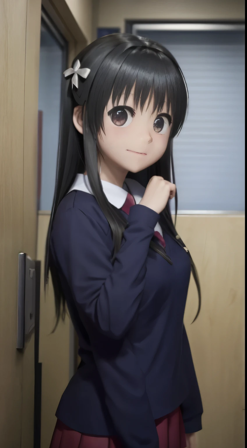 a close up of a person standing in front of a door, iwakura lain, close up iwakura lain, as an anime character, anime visual of a cute girl, anime moe artstyle, anime best girl, yuruyuri, yuyushiki, nagatoro, chiho, in an anime, an anime girl, gapmoe yandere,Saten Ruiko,Saten Ruiko