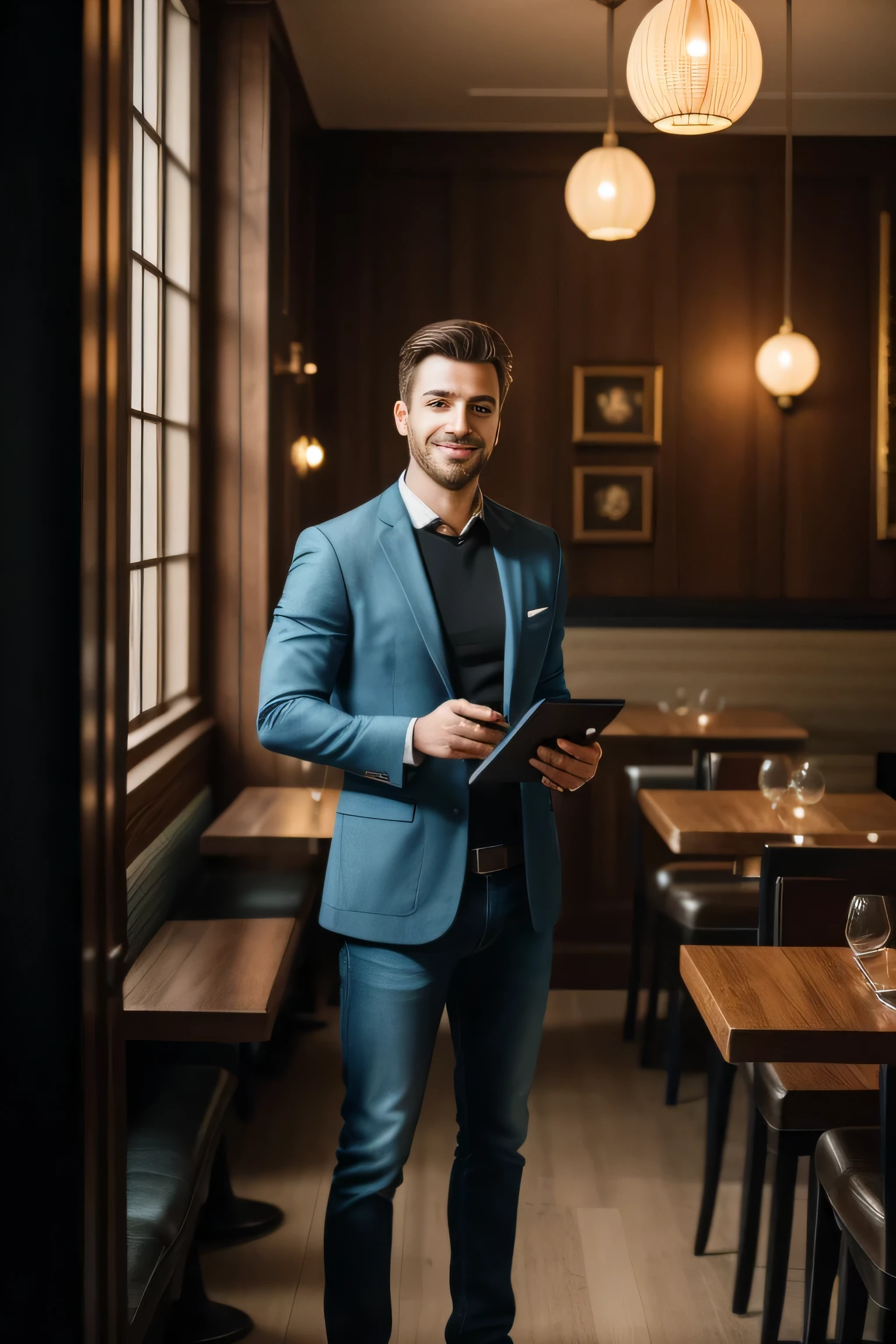 here a man standing in a room, standing in a restaurant, integrating with technology, developers, two young men, product introduction photo, connectivity, highlighting his expressive face and his elegance, highly detailed, elegant, pinterest, artstation, smooth, sharp focus, 8k, full shot, 105mm portrait lens, film grain, Fujifilm XThotorealistic painting art by midjourney and greg rutkowski, upper body, in camera studio with 3 flash, soft lighting, masterpiece, (blue, black, brown color palette), film grain, Fujifilm XThotorealistic painting art by midjourney and greg rutkowski, smiling, (standing)