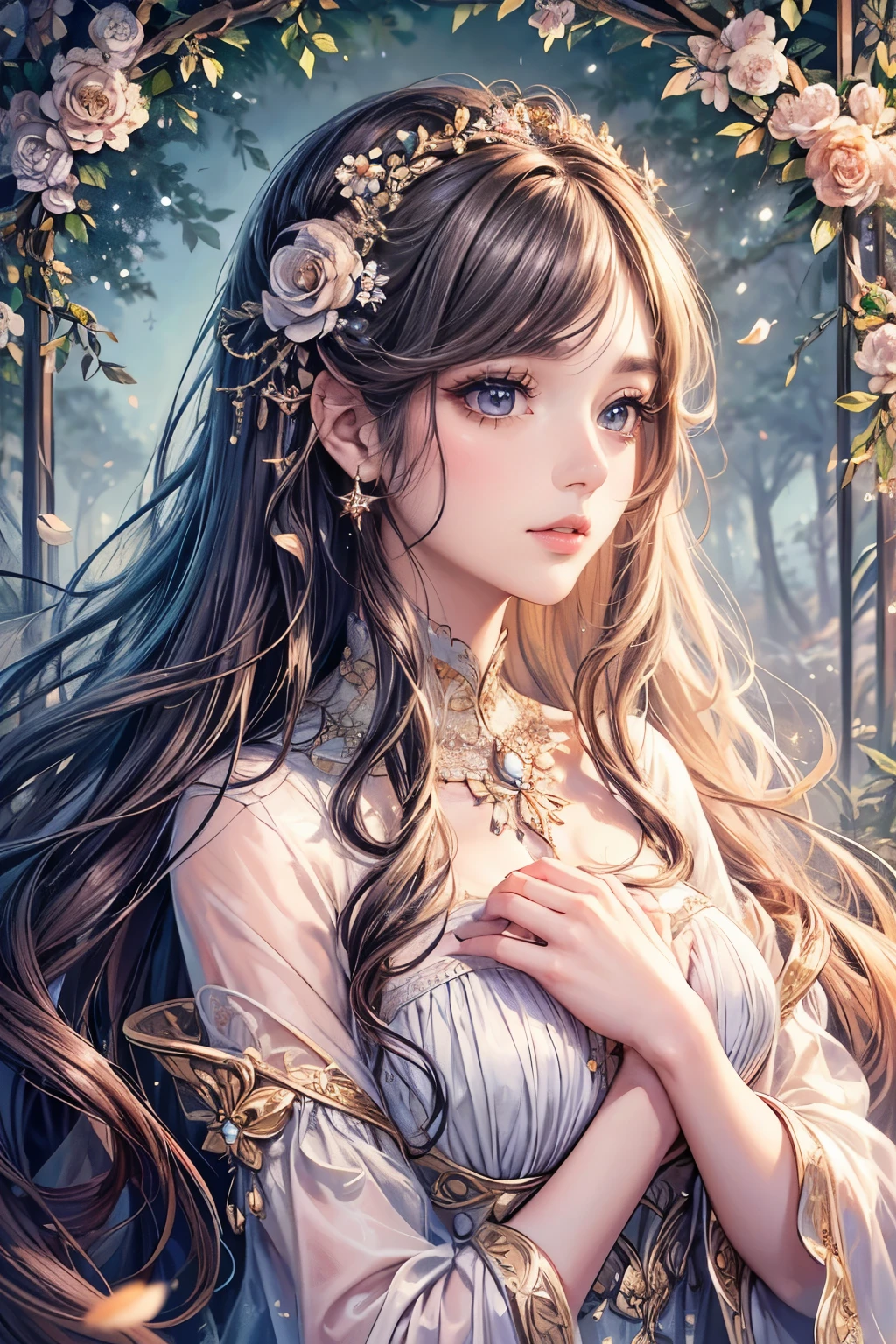 (best quality,8K,CG),detailed upper body,solitary girl,floral forest background,complex facial features,elegant long curly hair,almond-shaped big eyes,detailed eye makeup,long eyelashes,twinkling stars,exquisite lip details,soft and harmonious style.