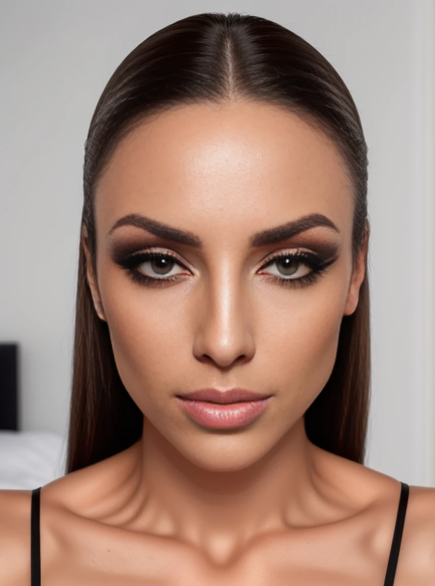 ((Qualidade Superior, 8k, master part: 1.3)), beleza, esconder o rosto, 1 girl, Beautiful: 1.3, Abs esguio: 1.1, Camisola, clivagem, cabelo preto curto , (While sitting on the bed), Face Ultra Detalhada, Highly detailed lips, Olhos detalhados, double eyelids, olhando para o espectador de frente