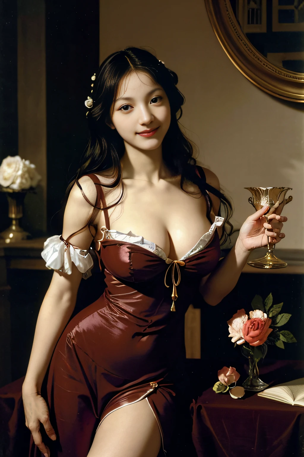 Chiaroscuro of Caravaggio,Math、Astronomical utensils,astronault,Roses in a vase,fruits,cute little,A smile,Ancient Greek costumes,Paintings by Sandro Botticelli,Costume with stretched shoulders,huge smile,large full breasts,Ecstasy expression,A sexy,erotick,Seduce you,Underwear