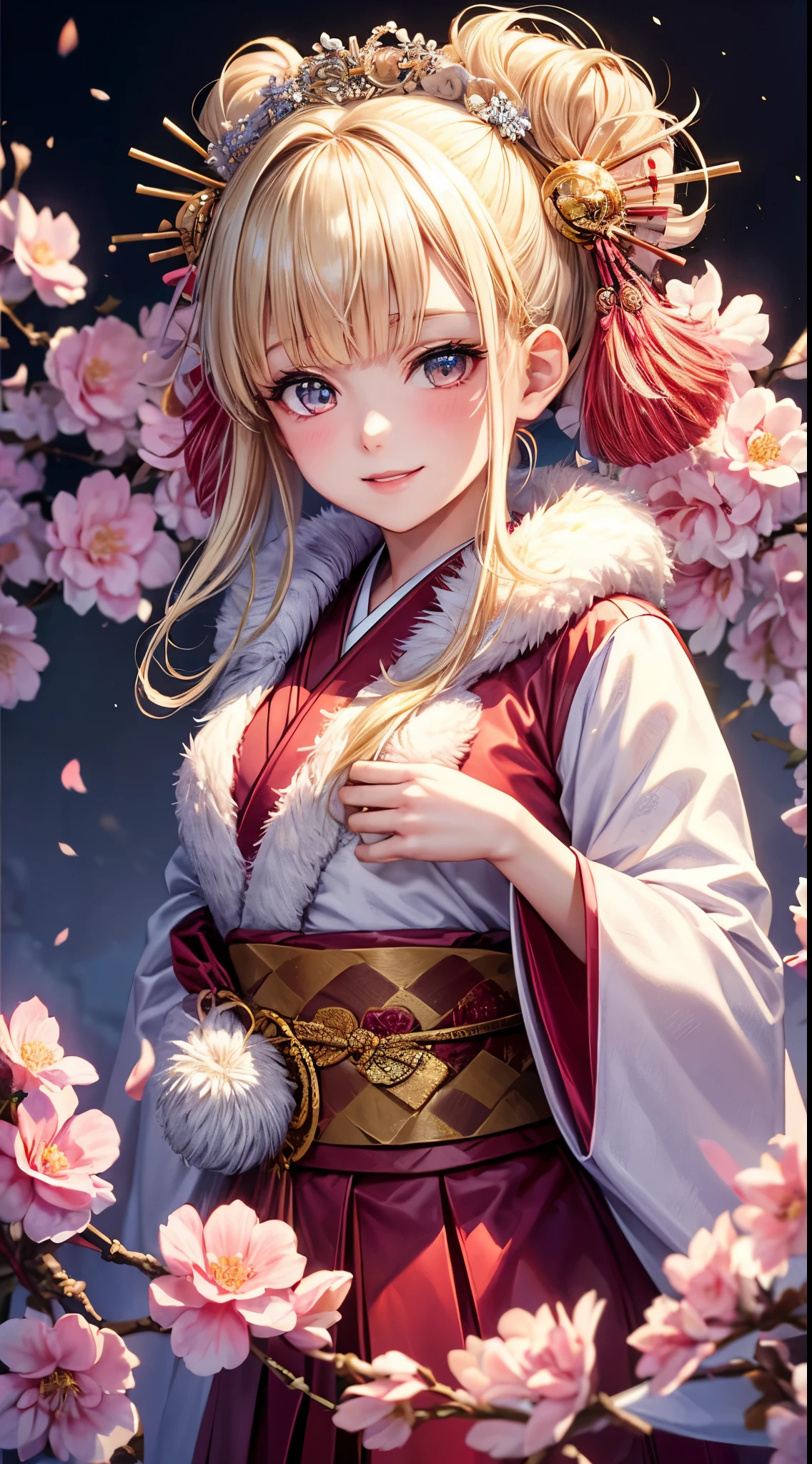 Very detailed CG Unity 8K wallpaper, Cute One Girl, Mature blonde girl, half updo,beautiful  Girl, hot maiden, pale skin (Super masterpiece, Beautiful person, well detailed face polluted smile,   flat chest is hidden by kimono、Photorealistic, hyper realisitic), Colorful winter kimono in red and pink colors 、has white fur、 Wearing white gloves,Japanese Style Hair Accessories,  (Light Lighting)、smil,Upper body 、Japanese background with pink flowers