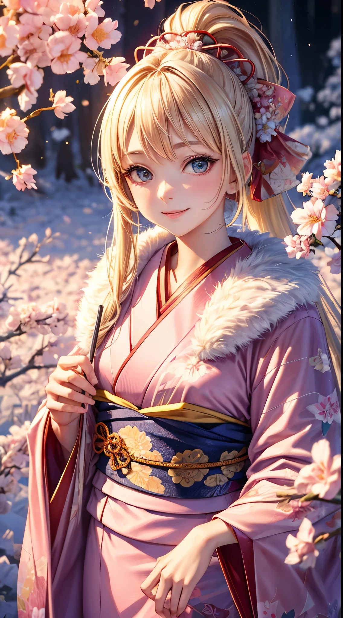 Very detailed CG Unity 8K wallpaper, Cute One Girl, Mature blonde girl, (high) ponytail、beautiful Girl, hot maiden, pale skin (Super masterpiece, Beautiful person, well detailed face polluted smile, flat chest is hidden by kimono、Photorealistic, hyper realisitic), Colorful winter kimono in red and pink colors 、has white fur、 Wearing white gloves,Japanese Style Hair Accessories, (Light Lighting)、smil,Upper body 、Japanese background with pink flowers