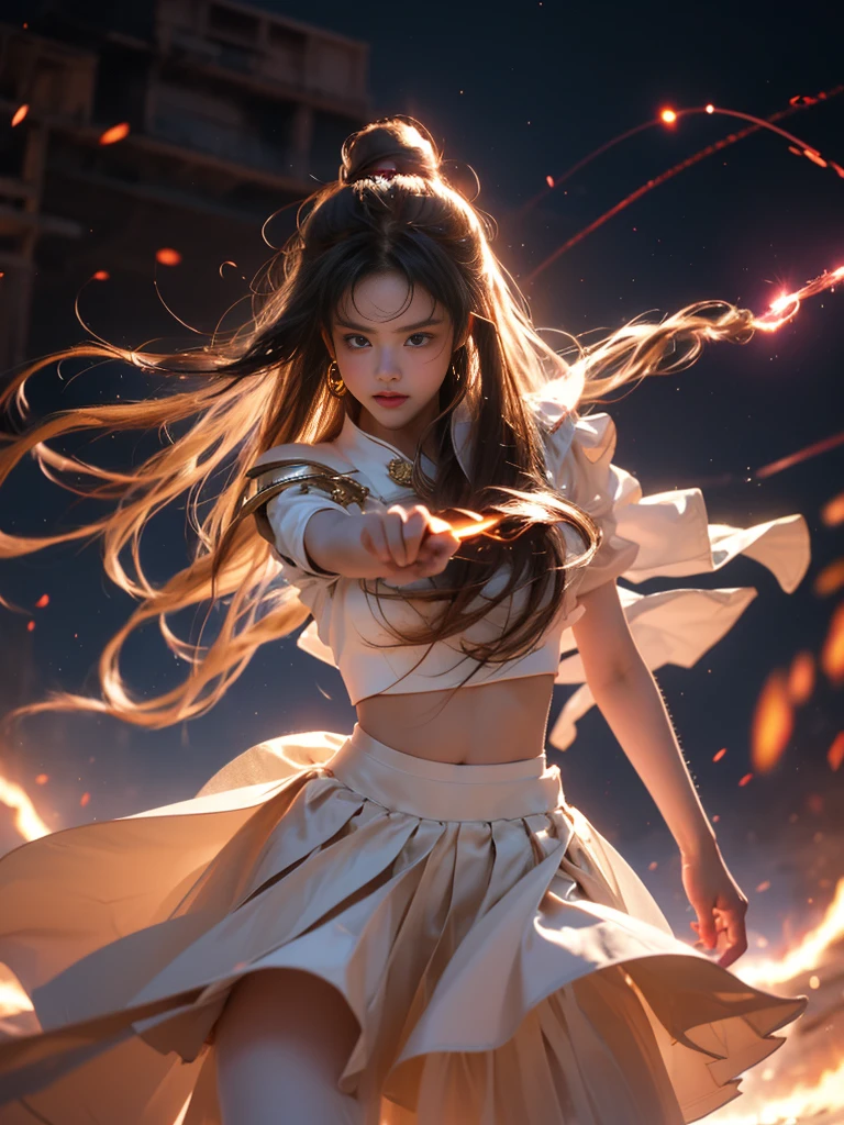 在ventania暴的战场上, A woman in ta costume wields a weapon infused with the element of fire.(( Lightning danced around her)), Echoing her firm determination,Because she embodies the power of the forces of nature in battle.offcial art, 8k wallpaper, ultra - detailed, The beautiful and aesthetic, The beautiful, tmasterpiece, Best quality at best,(Focus on the upper thighs),Clear face,Eyes detailed,(ventania,Flowing hair,Flowing skirt),
