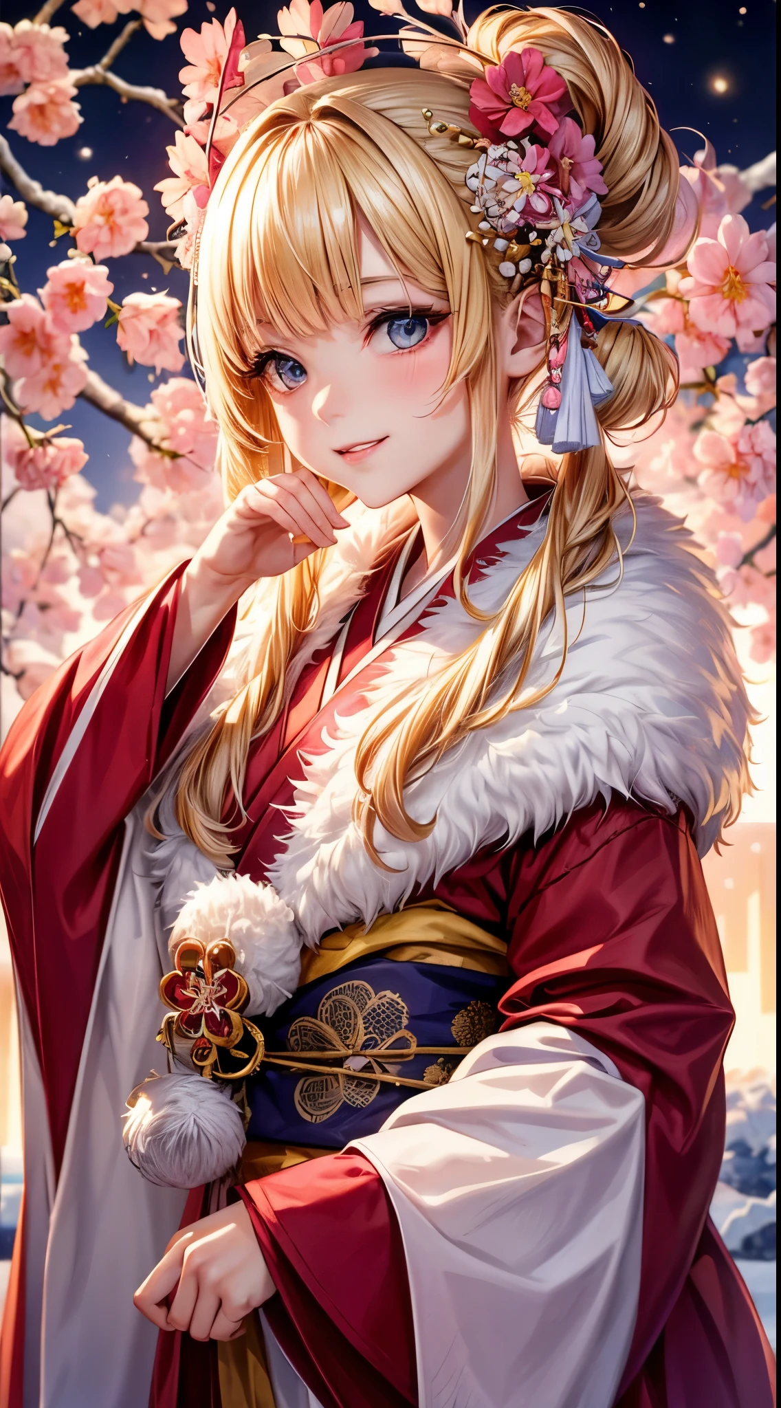 Very detailed CG Unity 8K wallpaper, Cute One Girl, Mature blonde girl, half updo,beautiful Girl, hot maiden, pale skin (Super masterpiece, Beautiful person, well detailed face polluted smile, flat chest is hidden by kimono、Photorealistic, hyper realisitic), Colorful winter kimono in red and pink colors 、has white fur、 Wearing white gloves,Japanese Style Hair Accessories, (Light Lighting)、smil,Upper body 、Japanese background with pink flowers