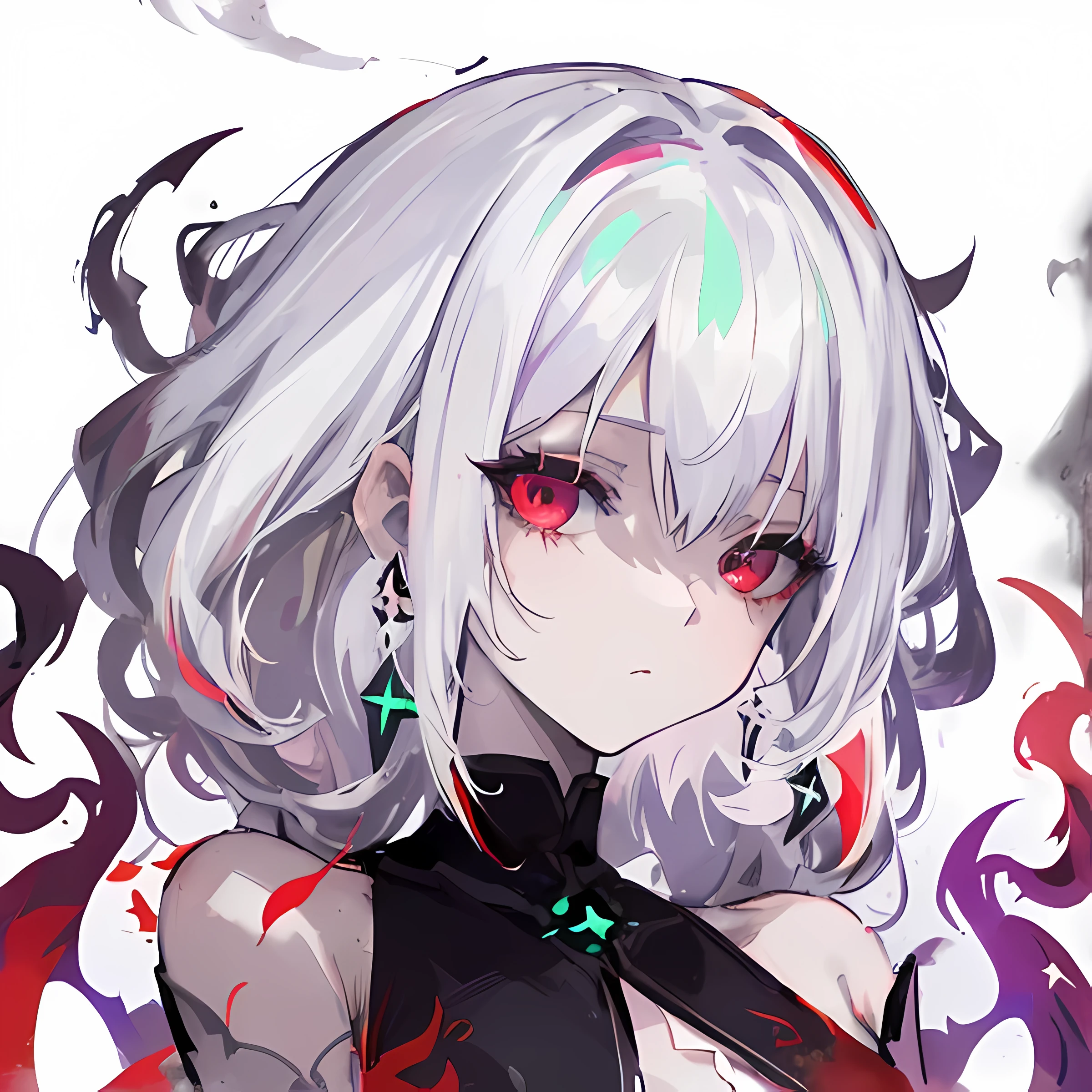 anime girl with white hair and red eyes in a black outfit, white haired, white haired lady, white haired deity, visual novel sprite, white-haired, girl with white hair, anime artstyle, darksynth character portrait, portrait knights of zodiac girl, anime style. 8k, purple smoke in the background blurred, green cross earings,