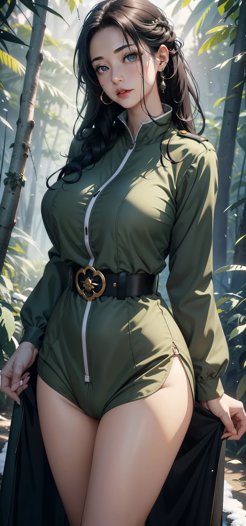 1 female,45 years old,married woman,Leg length, thin waist, 照片曝Light, alone,(background with:in the woods,rainforest,In the summer) She has long black hair,red lips,Stand up,Look at it from the front, curls, There are many clouds in the sky),(Very detailed CG unified 8K wallpaper),best quality,Light,Detailed background,beautiful student,(Very delicate and beautiful),(Beautiful and detailed eye descriptions),super detailed,masterpiece,)),face camera,high resolution,super detailed),extra large breasts, protruding genitals,camel toe(wear:,officer hat,Dark green military uniform,black beat,nude)