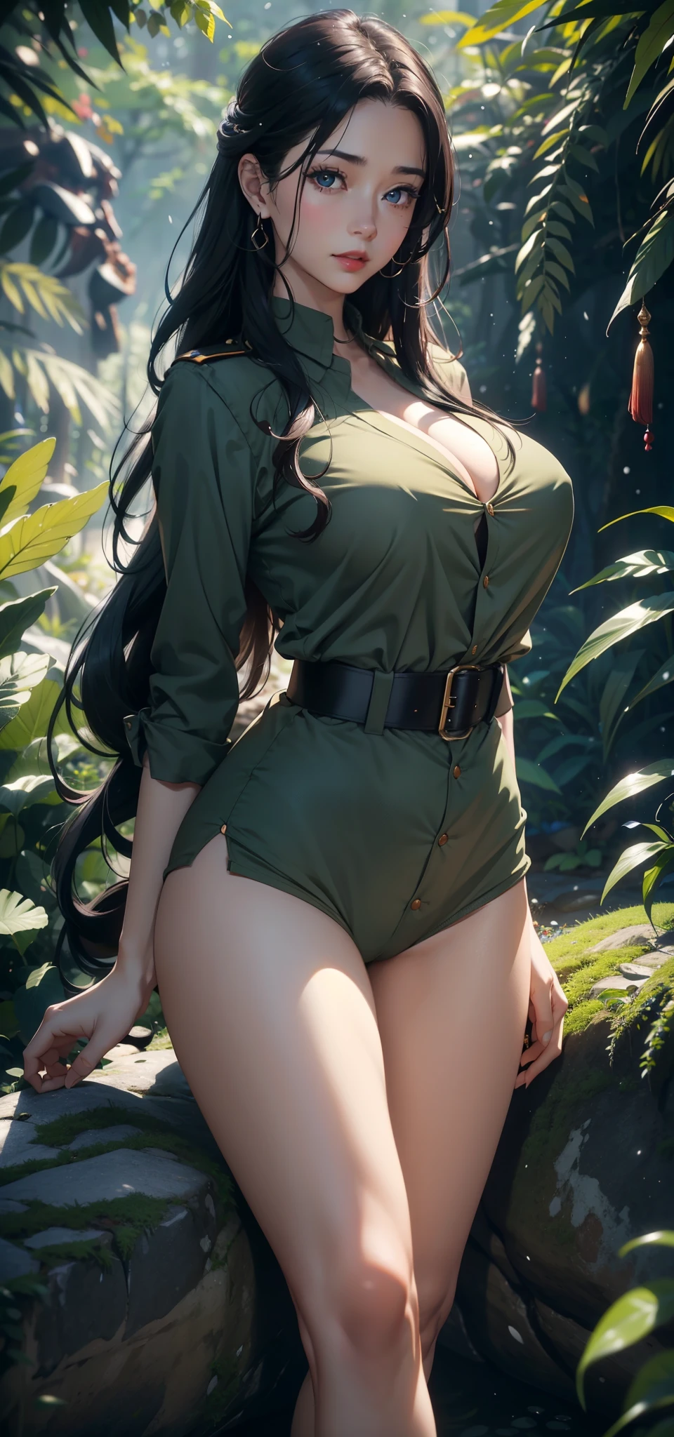 1female,45 yers old,Married woman,legs long, Slim waist, photo exposure, 独奏,(Background with:at a forest,the rainforest,Ground area water) She has long black hair,Stand deep in the forest,从frontage看, curlies, sky with many clouds,(((tmasterpiece),(Very detailed CG unified 8k wallpaper),Best quality at best,电影灯光,detailed back ground,beautiful pupil,(very delicate beautiful),(Beautiful and detailed eye descriptions),ultra - detailed,tmasterpiece,))Redlip,Snow-white skin,a little bit chubby,pubic hair very large,facing at the camera,A high resolution,ultra - detailed),Revealed,Very huge,, convex,Camel toes,The cleavage protrudes,military officer(dressed in:military officer帽 ,Green shirt,badgerontage