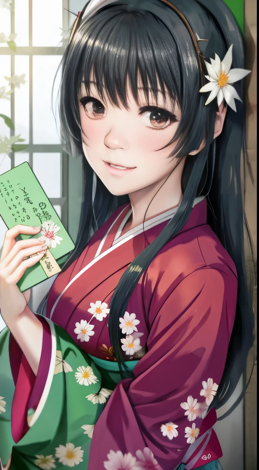 anime girl in kimono outfit holding a green card in her hand, mitsumayo, harumi, iwakura lain, close up iwakura lain, shikamimi, close up of iwakura lain, yuyushiki, hoshino yukinobu, shirabii, yuruyuri, shiori teshirogi,Saten Ruiko,Saten Ruiko