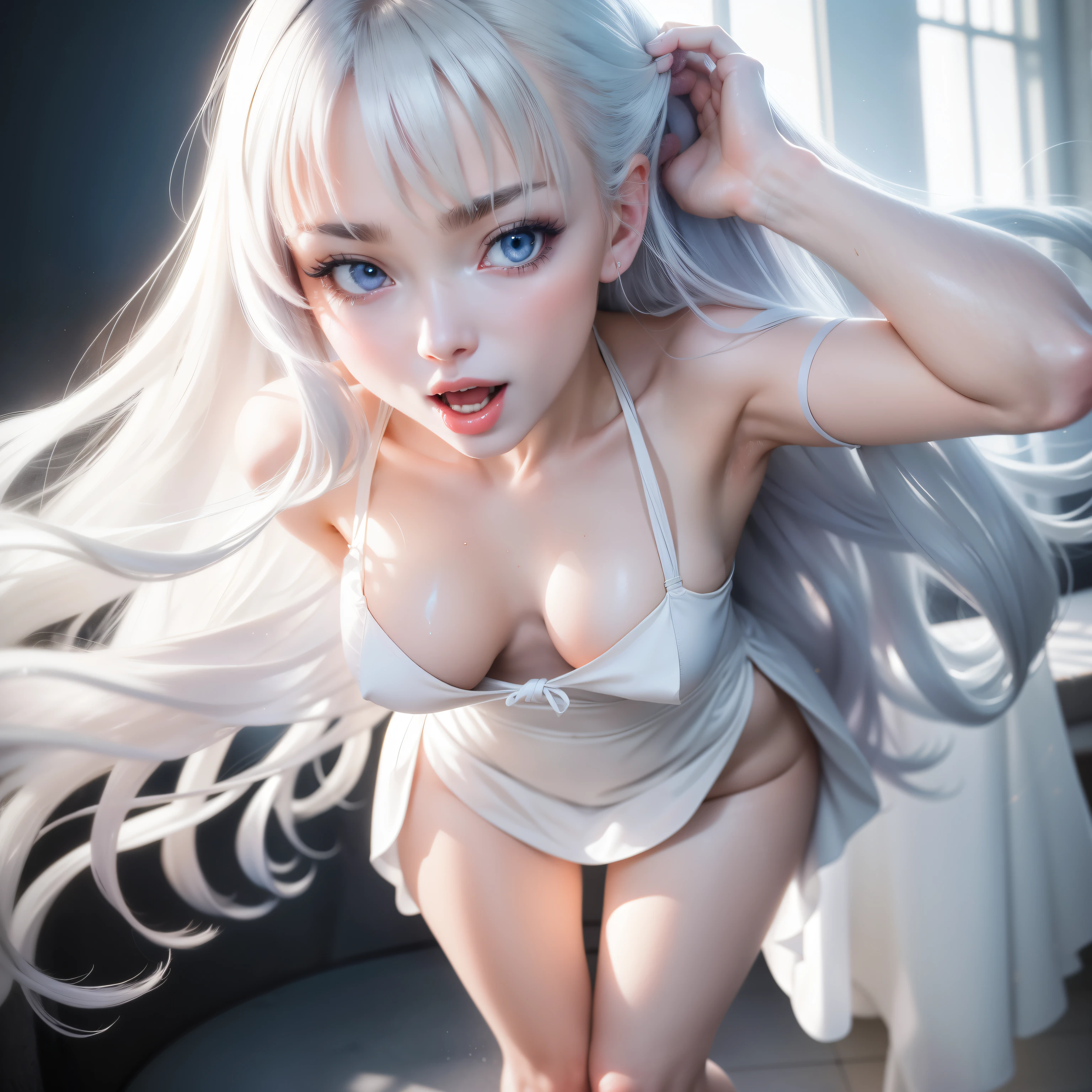 masutepiece, Superb Piece, Daytime, Indoor, Falling flowers, White Dress, 1 girl, A perfect woman, Woman with silver and white long hair, gray blue eyes, pale pink lips, Cold, Serious, Bang, Purple eyes, White clothes, black closing line, Delicate face, Exquisiteface, Standing Bow, tassels, Happiness knot, Smile, Hands behind the head,Open your crotch,Turn your face away,Reluctant face,Scream,enjoy intensely ,convulsions,urinate,soaked body,bathe in white foam,Mangli return,Touching the,Grab your chest,oral ,,oral ,,Bukkake,jingle