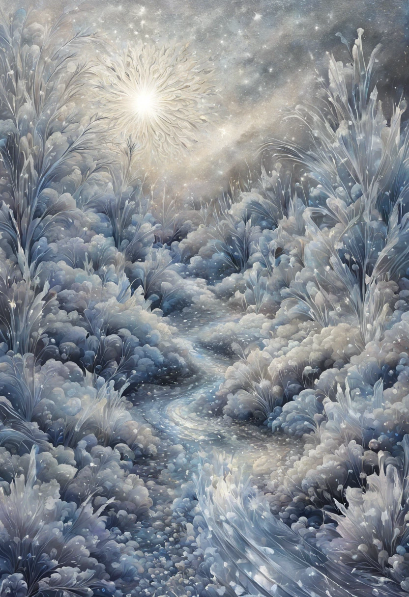 New Year's Eve, landscape, mixed media, Digital Painting, Diamond embroidery, Moire, frost, silver, crystal, Layering, Complex texture, hiquality, work of art+coherent+ultra lumen, glistering, filigree, Magical, Beautiful, mysterious
