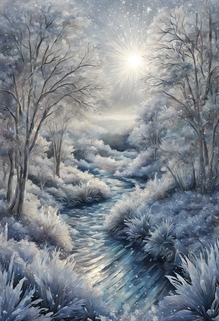 New Year's Eve, landscape, mixed media, Digital Painting, Diamond embroidery, Moire, frost, silver, crystal, Layering, Complex texture, hiquality, work of art+coherent+ultra lumen, glistering, filigree, Magical, Beautiful, mysterious