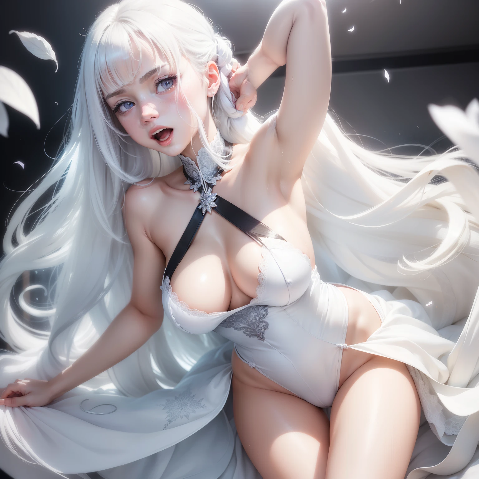 masutepiece, Superb Piece, Daytime, Indoor, Falling flowers, White Dress, 1 girl, A perfect woman, Woman with silver and white long hair, gray blue eyes, pale pink lips, Cold, Serious, Bang, Purple eyes, White clothes, black closing line, Delicate face, Exquisiteface, Standing Bow, tassels, Happiness knot, Smile, Hands behind the head,Open your crotch,Turn your face away,Reluctant face,Scream,enjoy intensely ,convulsions,urinate,soaked body,bathe in white foam,Mangli return,Touching the,Grab your chest,oral ,,oral ,,Bukkake,Draw penis