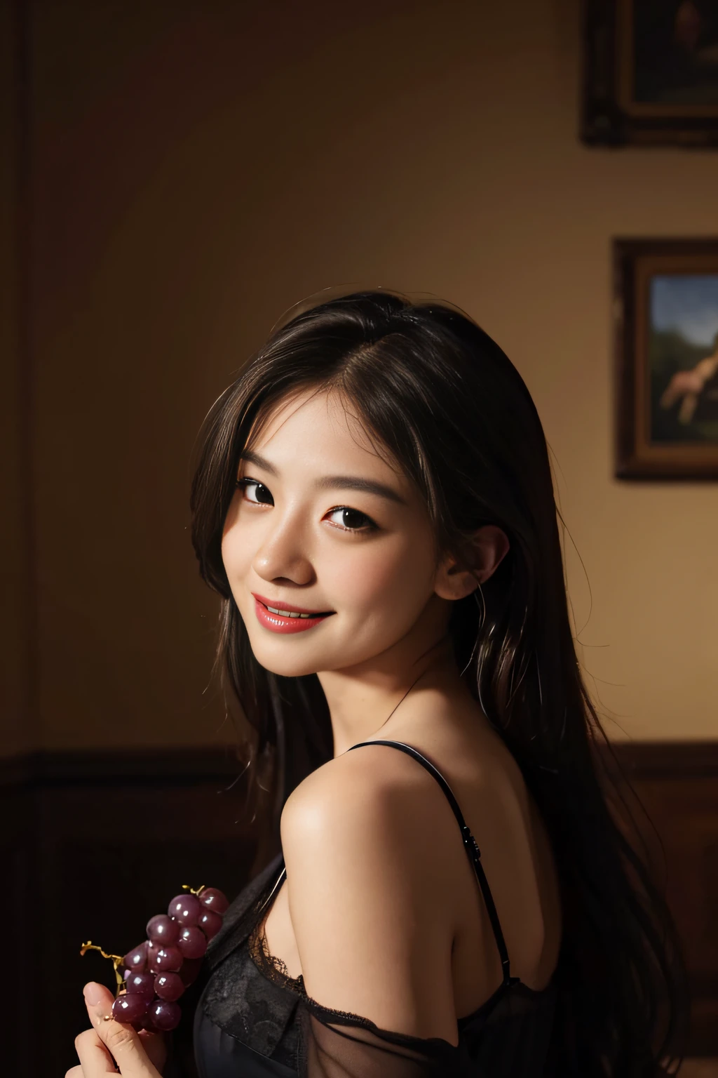 fruits,Grapes,Rosa,antique,A smile,,Sweet and seductive appearance.、Caravaggio's paintings、Chiaroscuro of Caravaggio,,Cute smile, Expression of ecstasy,erotick,A sexy,Seduce you,Underwear